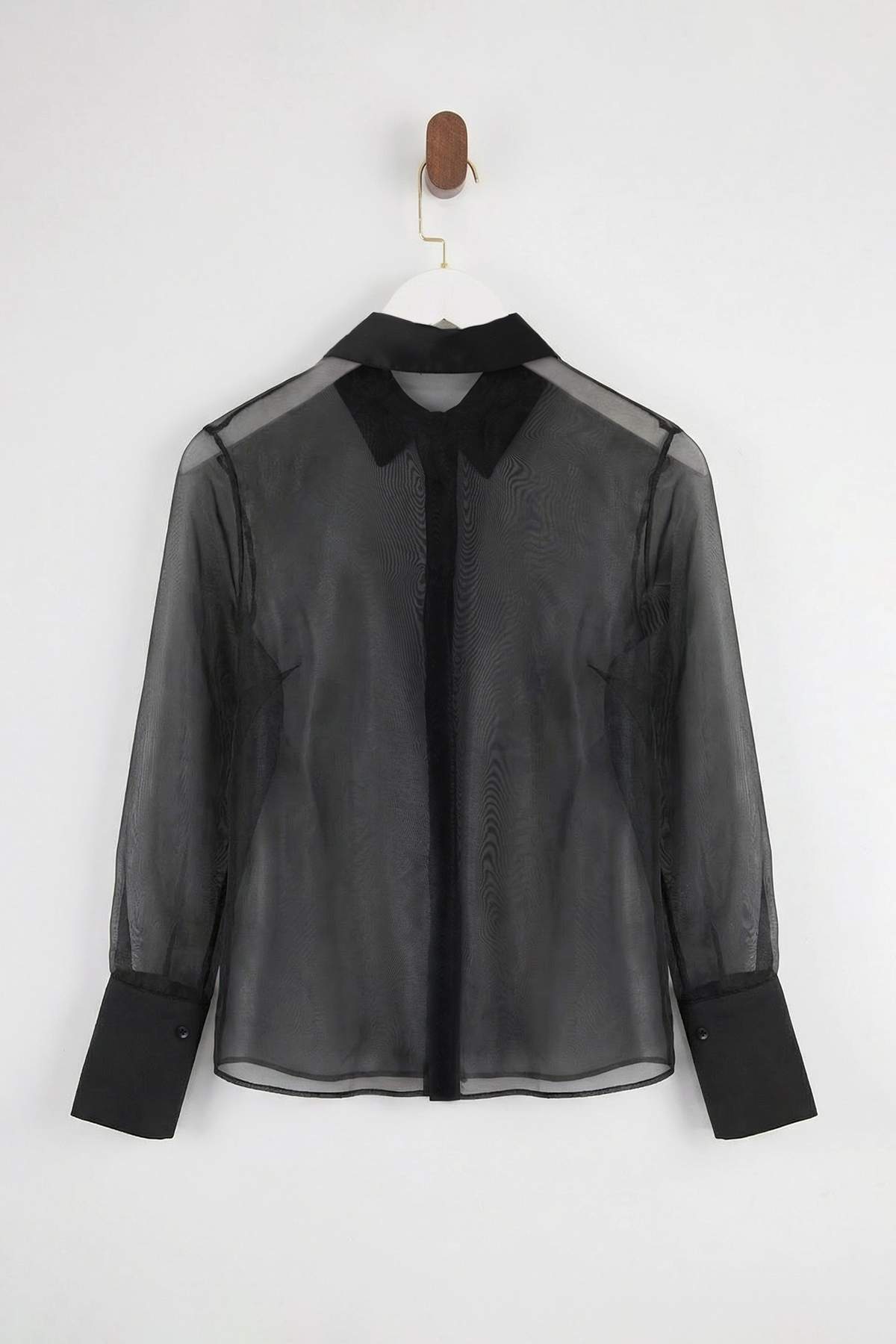 Trendyolmilla  Siyah Organze Geniş Kesim Astarsız Party Gömlek TPRSS26GO00001 - Görsel 7