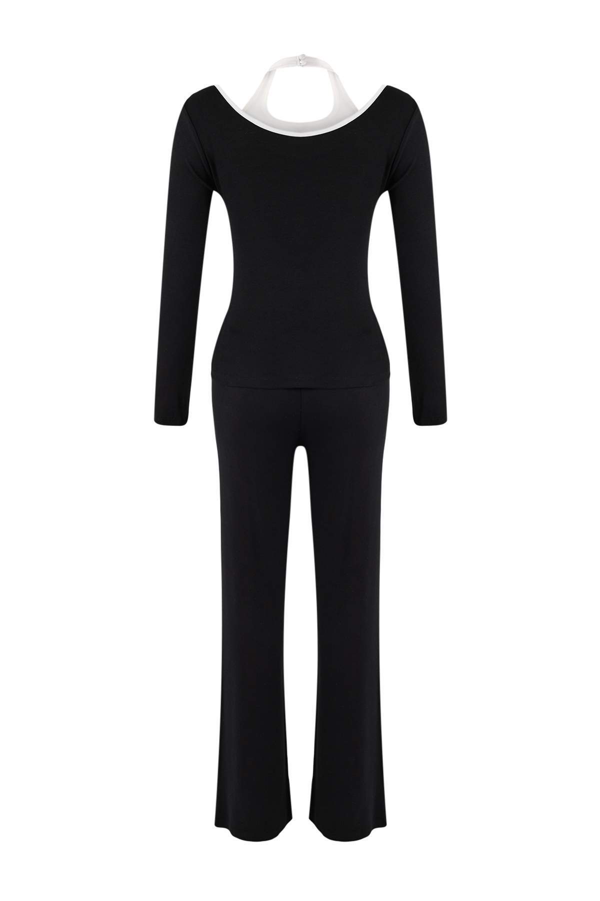 Trendyolmilla  Siyah Renk Bloklu Fitted/Vücuda Oturan İspanyol Paça Pamuk Ribana Örme Alt-Üst Takım TWOSS26AU00037 - Görsel 7