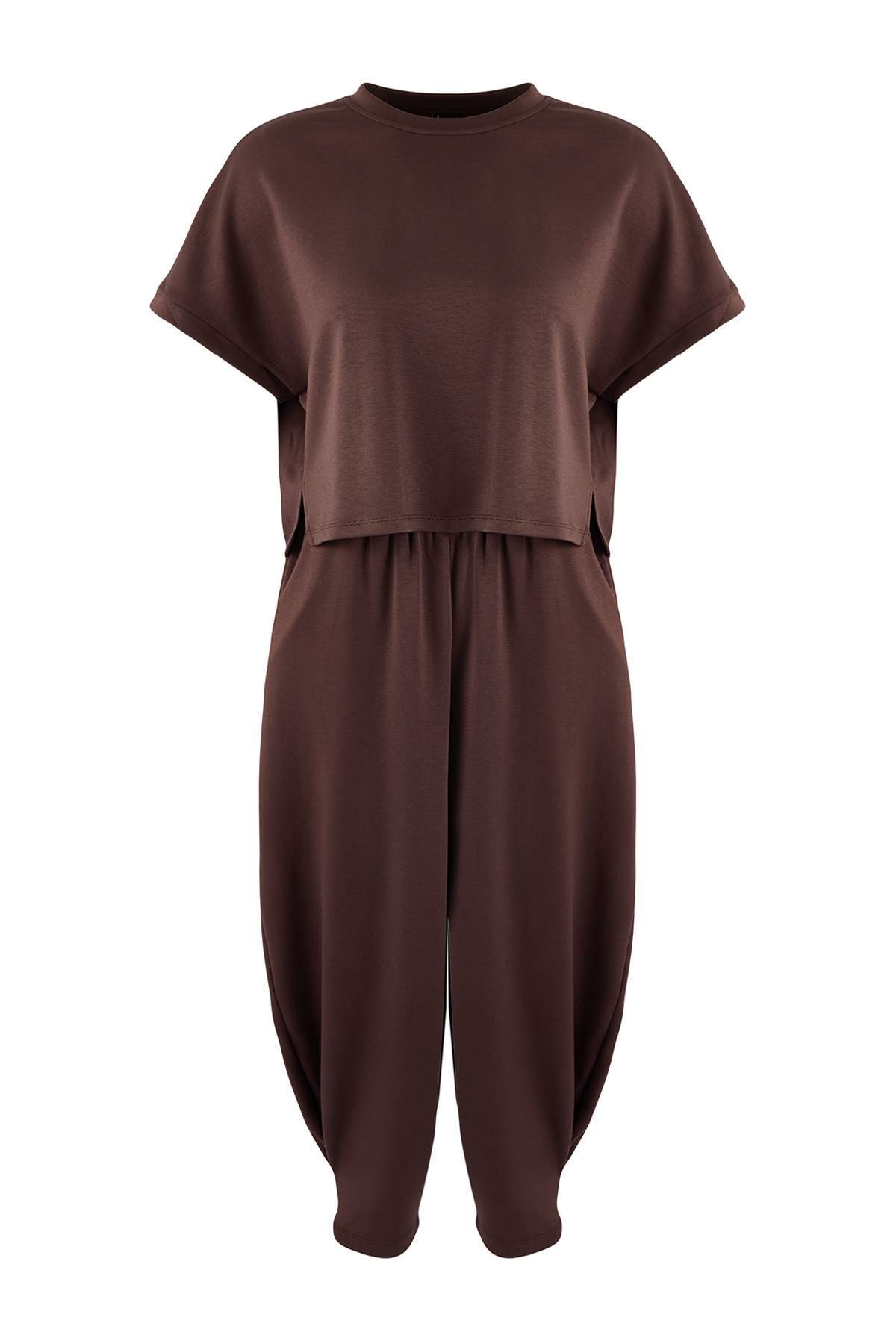 Trendyolmilla  Kahverengi Oversize Dikiş Detaylı Dar Paça Soft Touch Örme Alt-Üst Takım TWOSS26AU00036 - Görsel 5