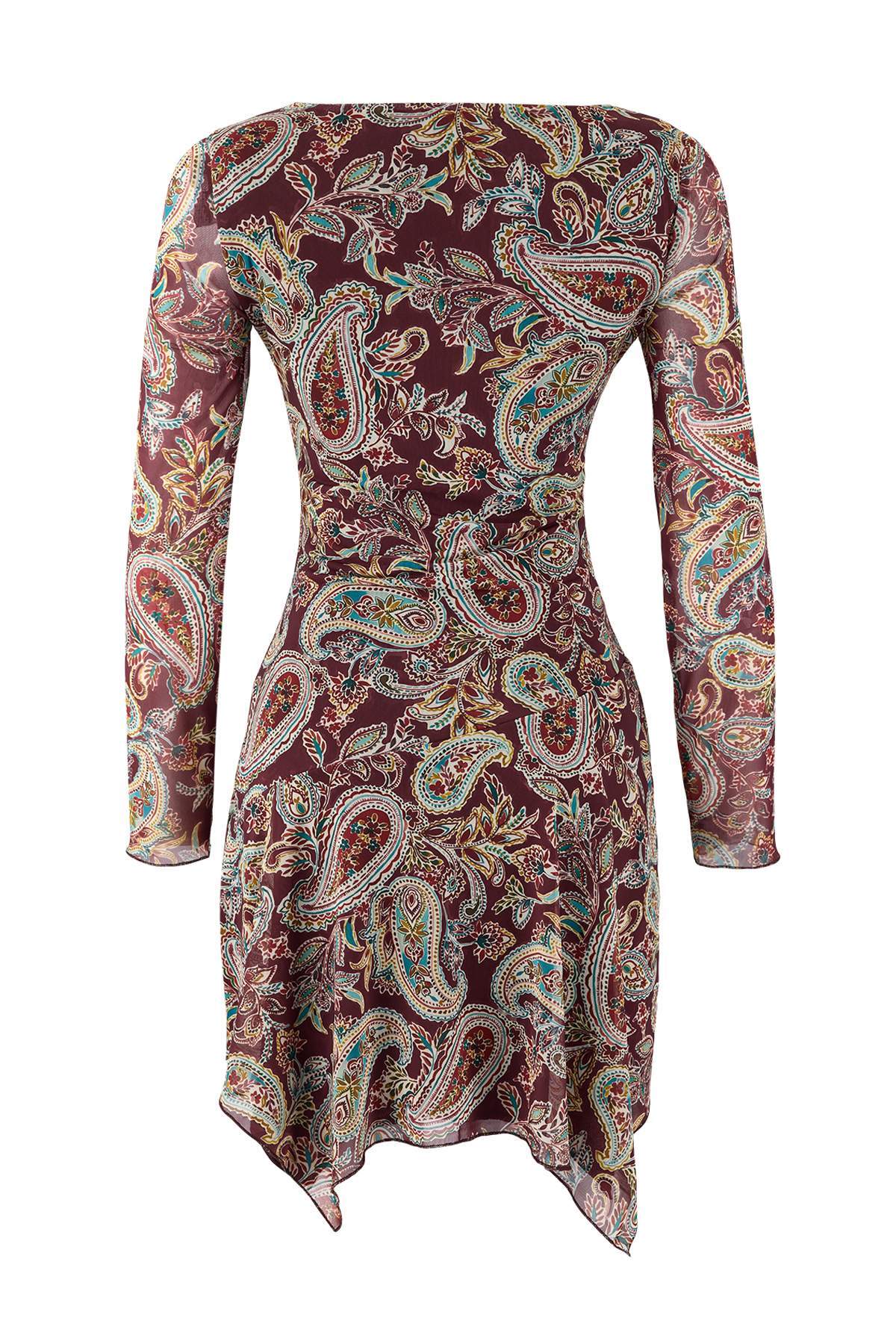 Trendyolmilla  Çok Renkli Şal Desen Boho Chic A-Kesim Asimetrik Kayık Yaka Mini Tül Örme Elbise TWOSS26EL00104 - Görsel 6