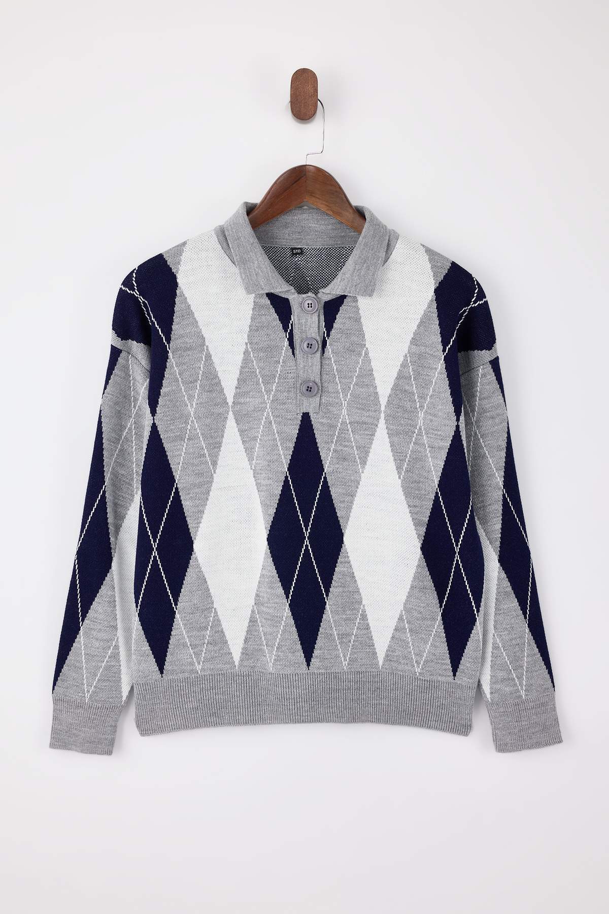 Trendyolmilla  Gri Baklava Desenli Geniş Kalıp Triko Kazak TWOAW26KZ00299 - Görsel 5