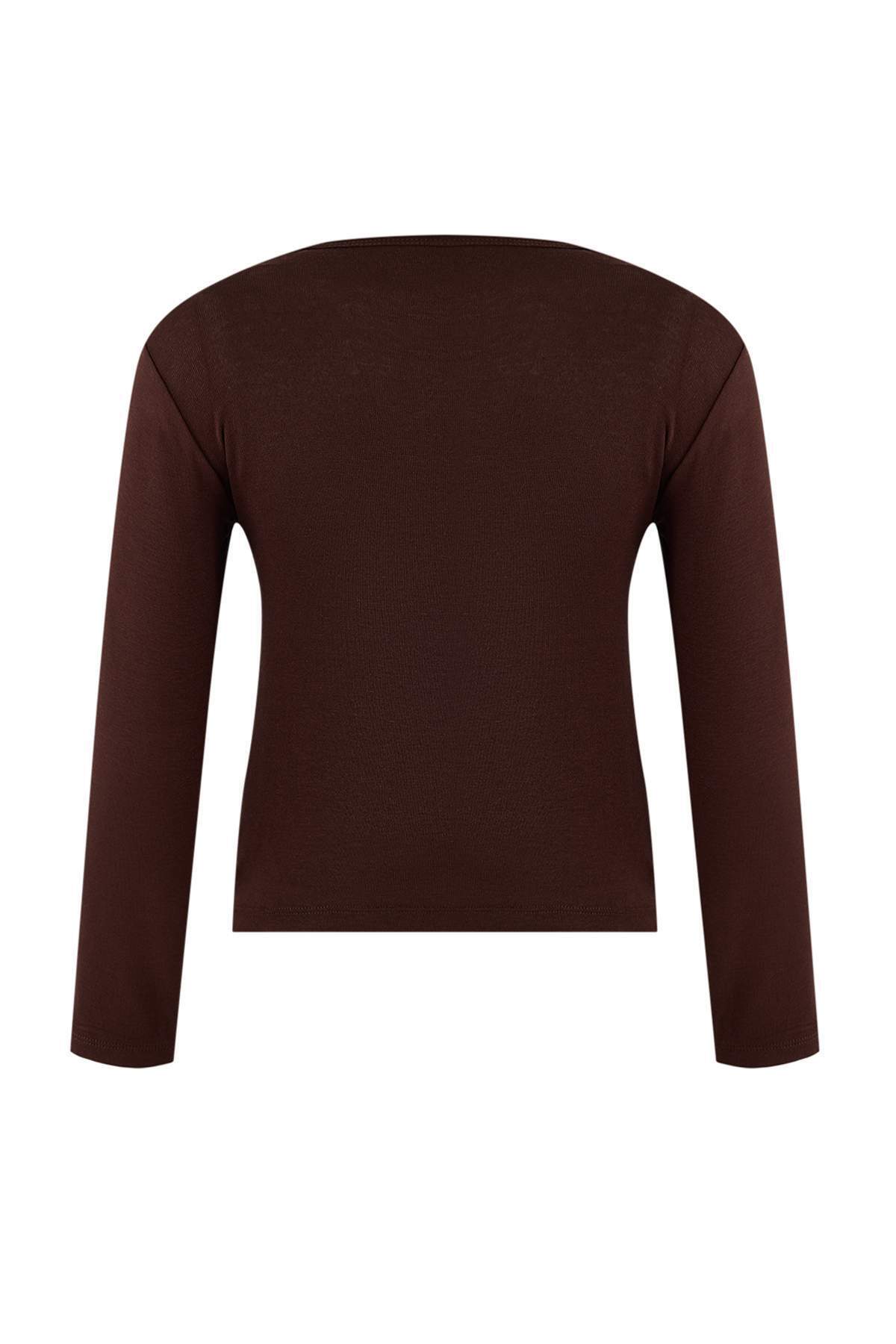 Trendyolmilla  Kahverengi 2'li Takım Fitted/Vücuda Oturan V Yaka Düğmeli Yumuşak Örme Bluz TWOSS26BZ00173 - Görsel 8