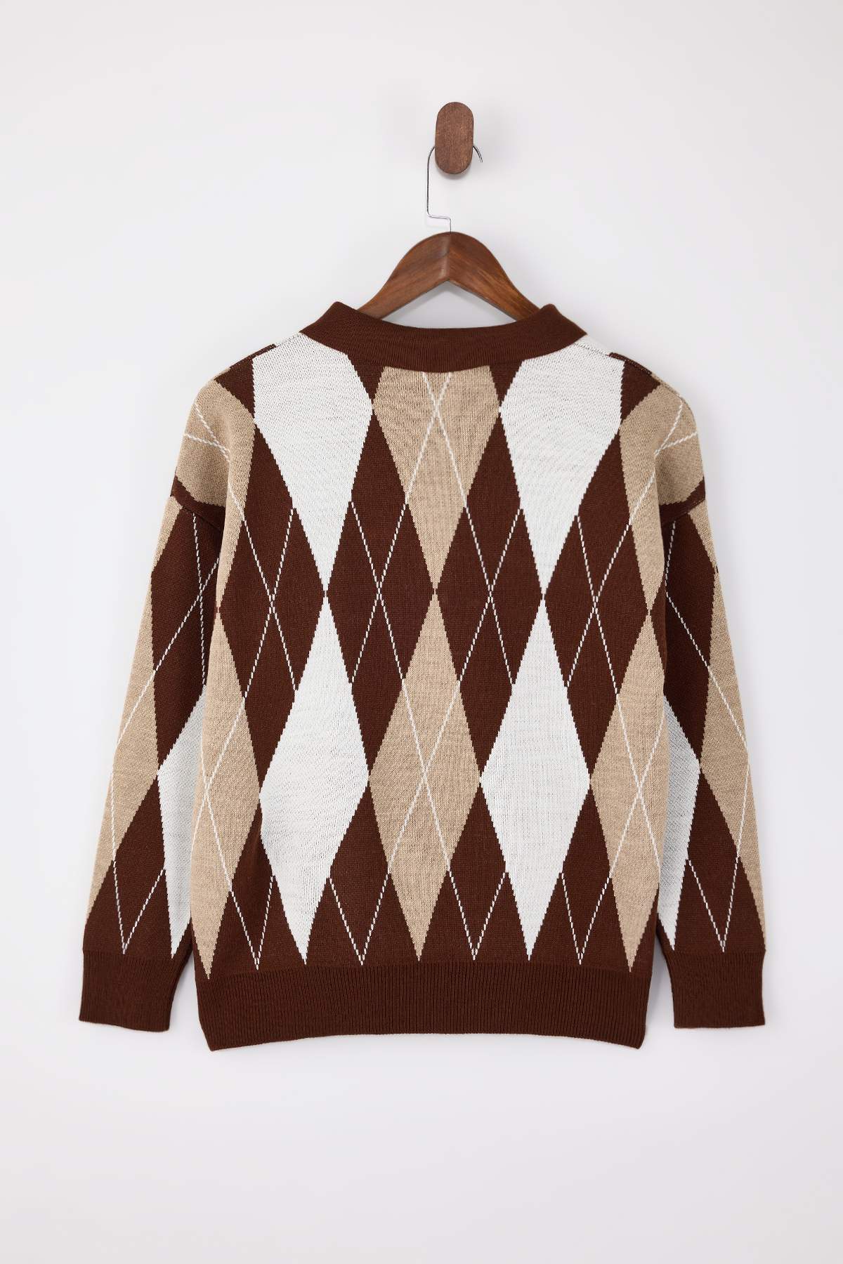 Trendyolmilla  Kahverengi Baklava Desenli Geniş Kalıp Triko Kazak TWOAW26KZ00299 - Görsel 6