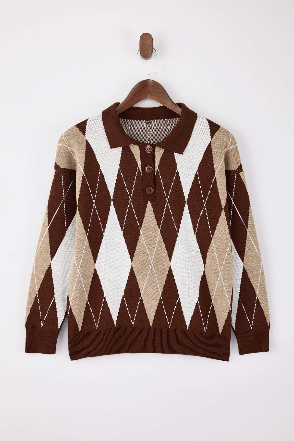 Trendyolmilla  Kahverengi Baklava Desenli Geniş Kalıp Triko Kazak TWOAW26KZ00299 - Görsel 5