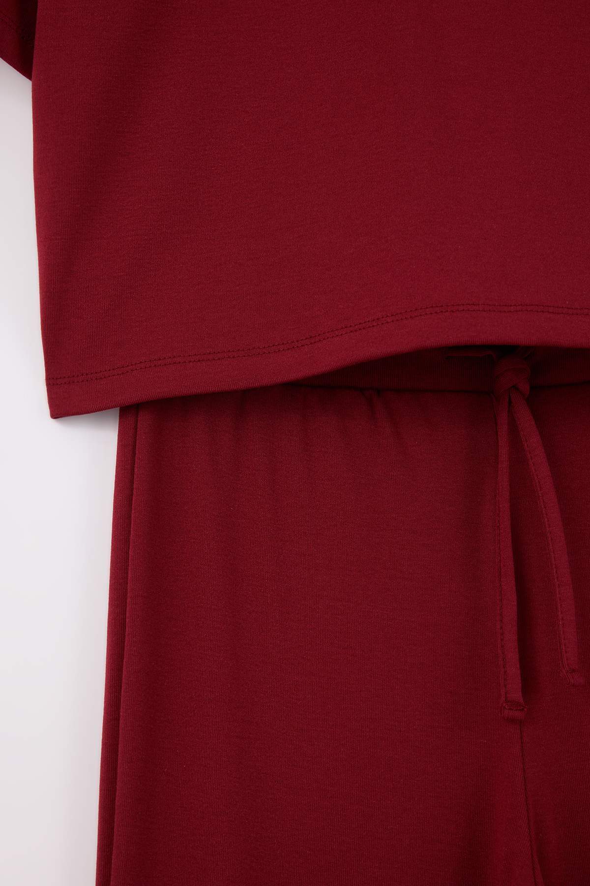 Trendyolmilla  Bordo Relaxed Düşük Kol Kısa Kollu Boru Paça Pamuk Ribana Örme Alt-Üst Takım TWOSS26AU00035 - Görsel 7