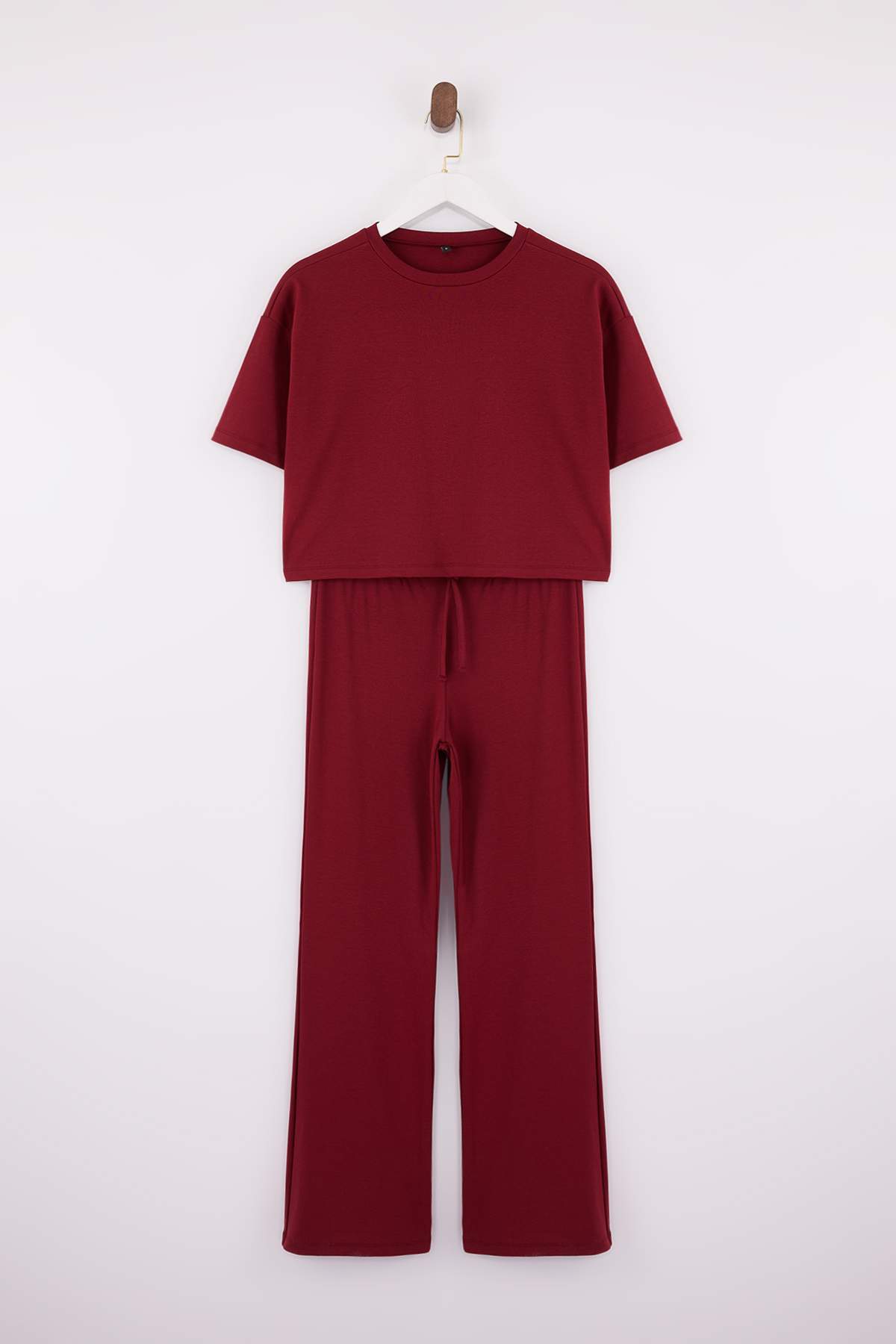 Trendyolmilla  Bordo Relaxed Düşük Kol Kısa Kollu Boru Paça Pamuk Ribana Örme Alt-Üst Takım TWOSS26AU00035 - Görsel 5