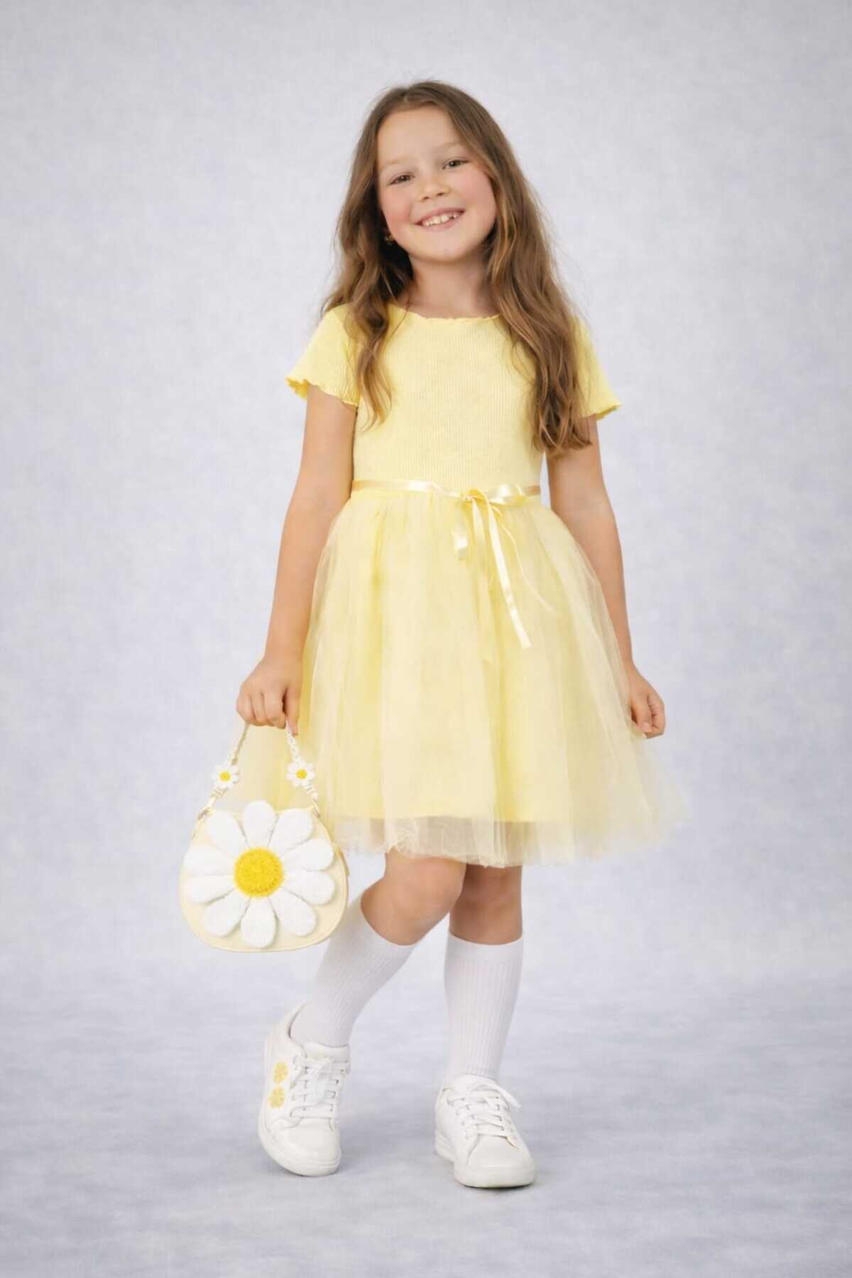 neocotton  Tüllü Baskısız Düz Üst Kısım Ribana Alt Kısım Astarlı Tütü Etek Kız Çocuk Prenses Kısa Kollu Elbise