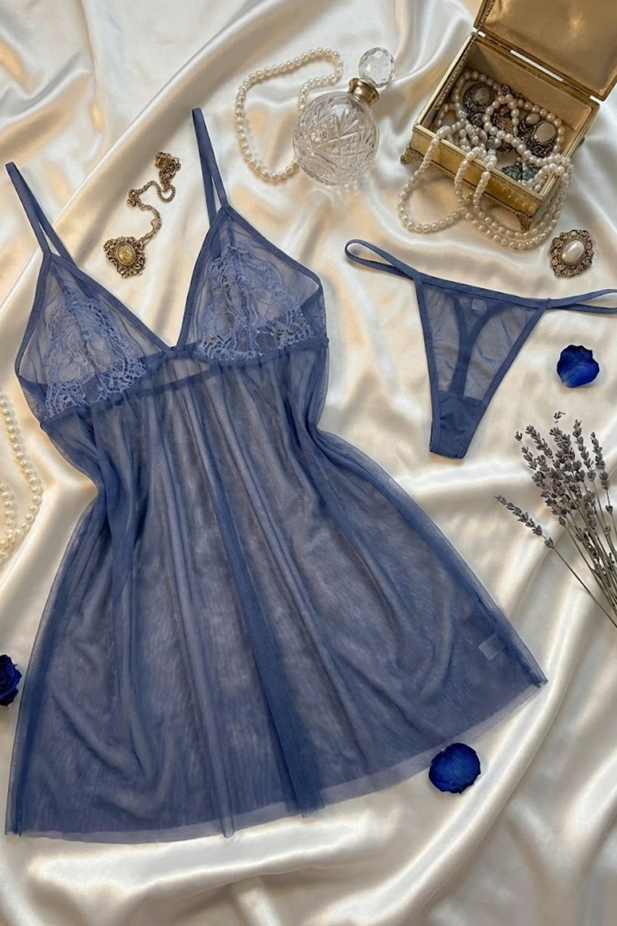 ZENCHES Dantel Detaylı 2'li Gecelik Ve String Takımı