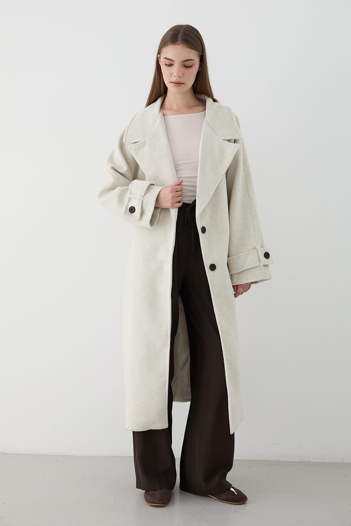 JASTE  Kadın Geniş Rever Yaka Kuşaklı Uzun Kaban TAŞ - Görsel 2