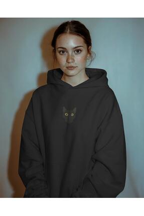 muhtar Bombay Kedili Hoodie Unisex %100 Pamuk | Siyah Kapüşonlu Sweatshirt Gö...