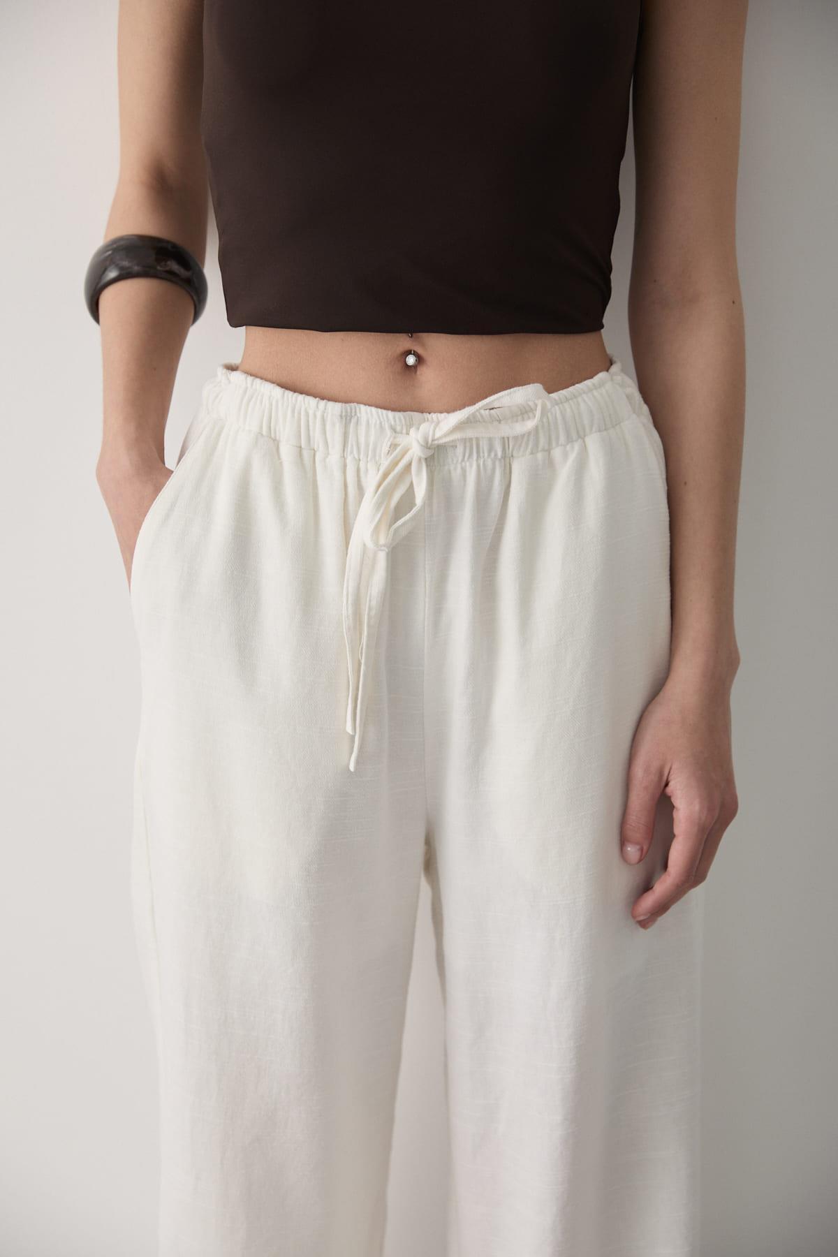 JASTE  Kadın Beli Lastikli Bol Paça Palazzo Keten Pantolon EKRU - Görsel 4