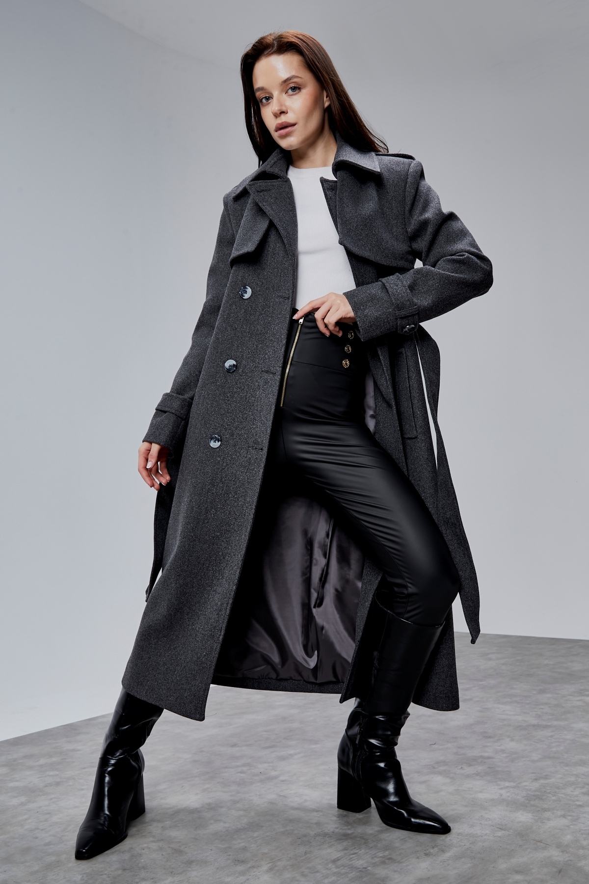 Bolivente  Koyu Gri Regular Rüzgarlık Detaylı Kaşe Kaban - Görsel 5