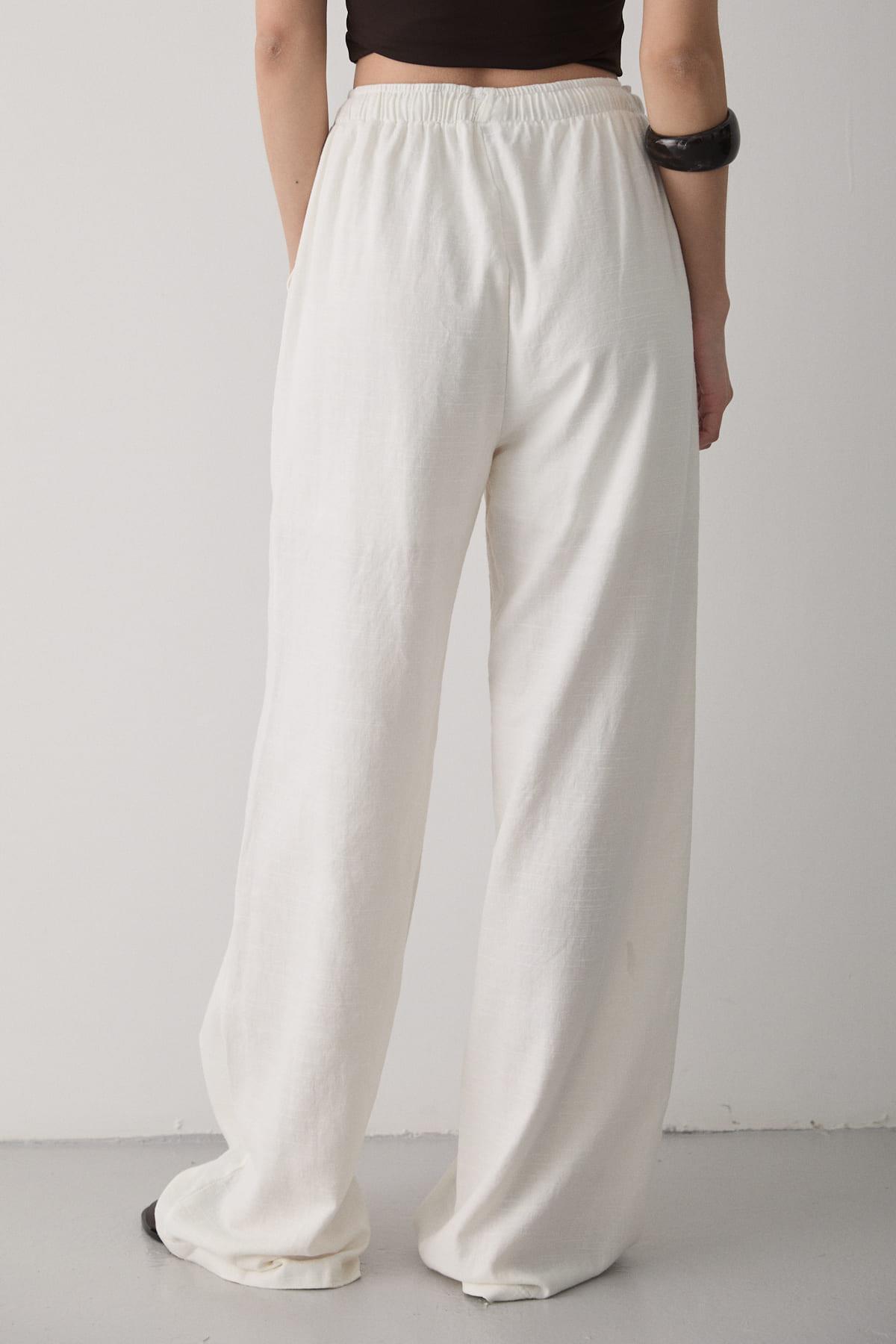 JASTE  Kadın Beli Lastikli Bol Paça Palazzo Keten Pantolon EKRU - Görsel 6