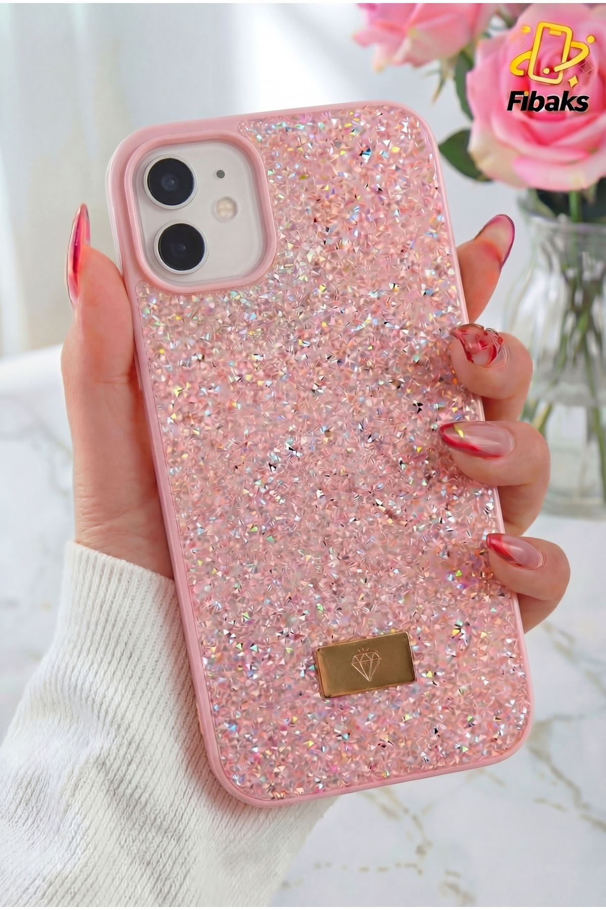 iPhone 12/12 Pro Case Velvet Diamond Design Pink Gemstone Shimmer Diamond Silicone Cover
