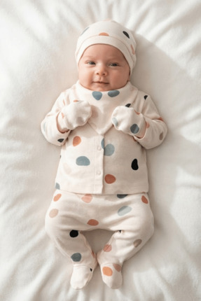 Tiny World Unisex Bebek Puanlı Desenli Natural 5li Hastane Çıkışı Zıbın Seti