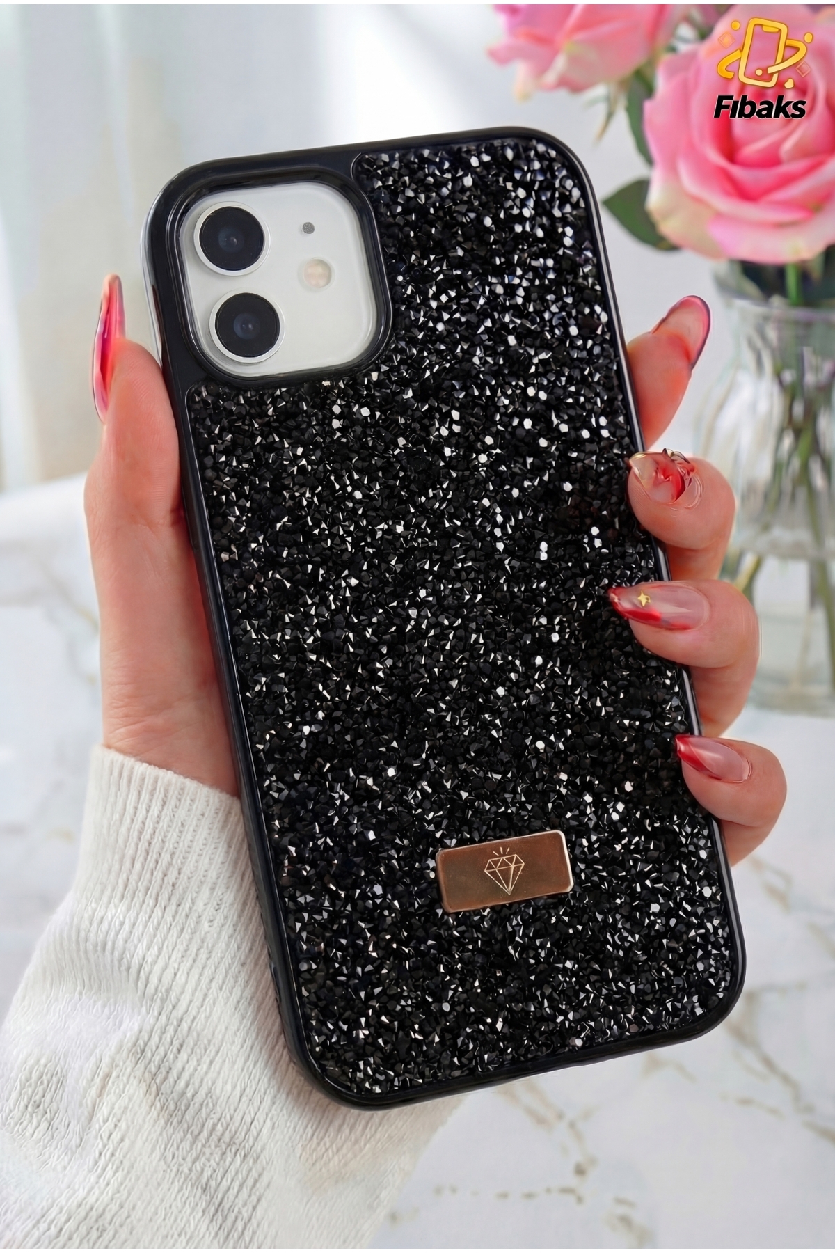 iPhone 12/12 Pro Case Inside Velvet Diamond Design Black Gemstone Sparkly Diamond Silicone Cover