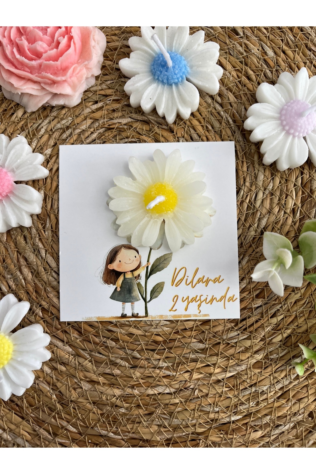 GUGES 10 Adet Özel Tasarlanmış Kart Ve Papatya Mum. Bebek Doğum, Babyshower, Doğum Günü, Hediyelik fotoğrafı 7 (önizleme)