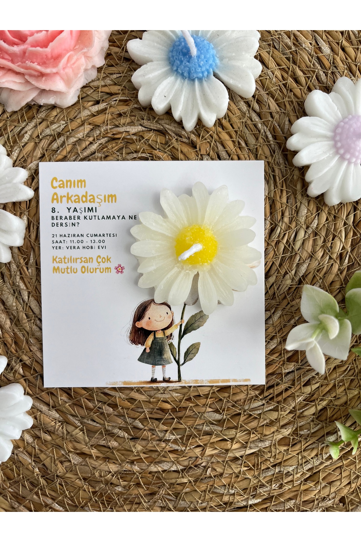 GUGES 10 Adet Özel Tasarlanmış Kart Ve Papatya Mum. Bebek Doğum, Babyshower, Doğum Günü, Hediyelik fotoğrafı 6 (önizleme)