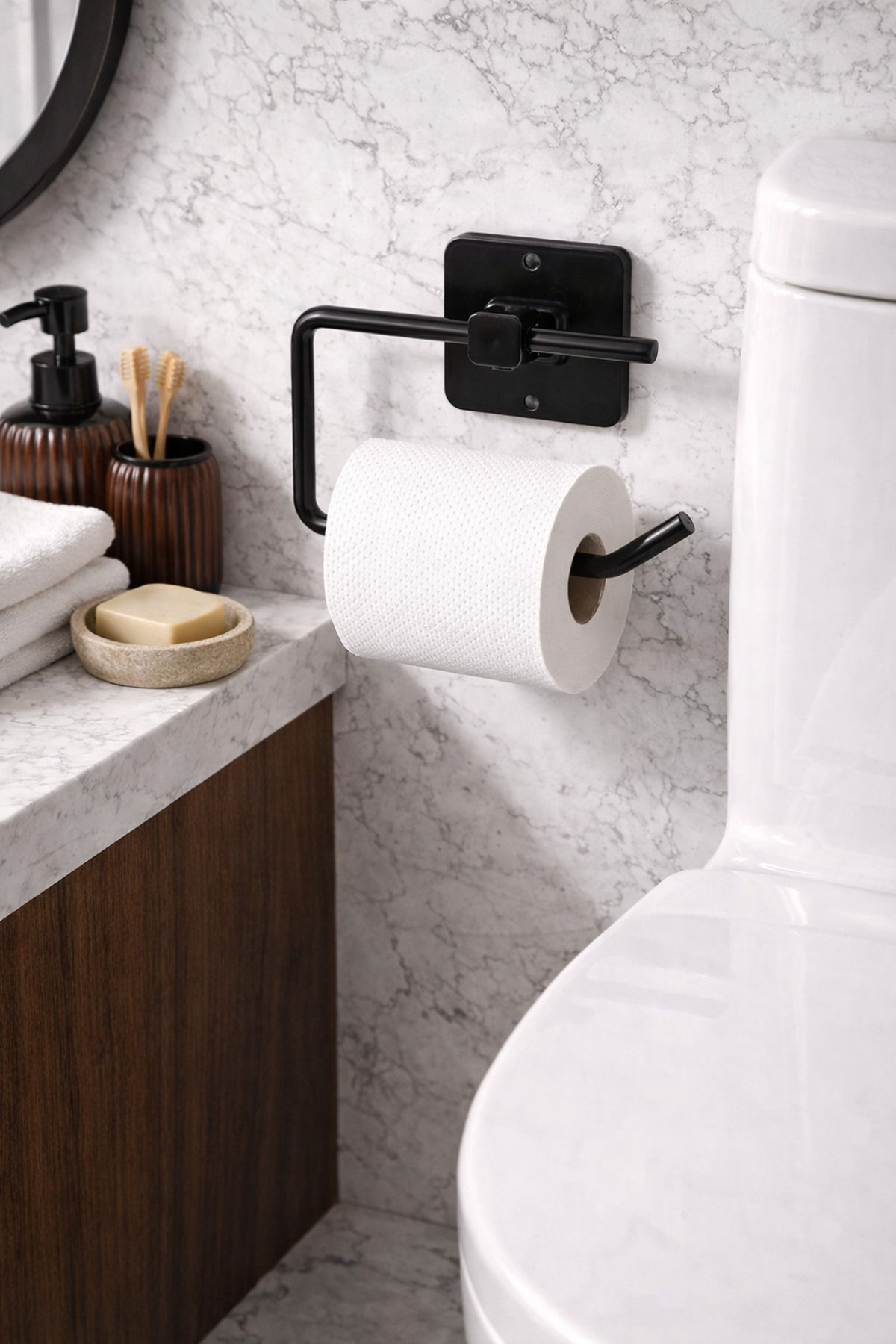 Square Adhesive Black Open Toilet Paper Holder Toilet Napkin Paper Holder