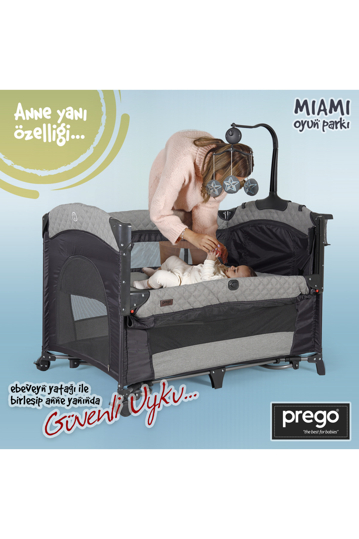 Prego Miami 70x110 Anne Yanı Beşik ve Oyun Parkı Yatak Gri - Sallanabilir ve Tekerlekli Park Yatak fotoğrafı 3 (önizleme)