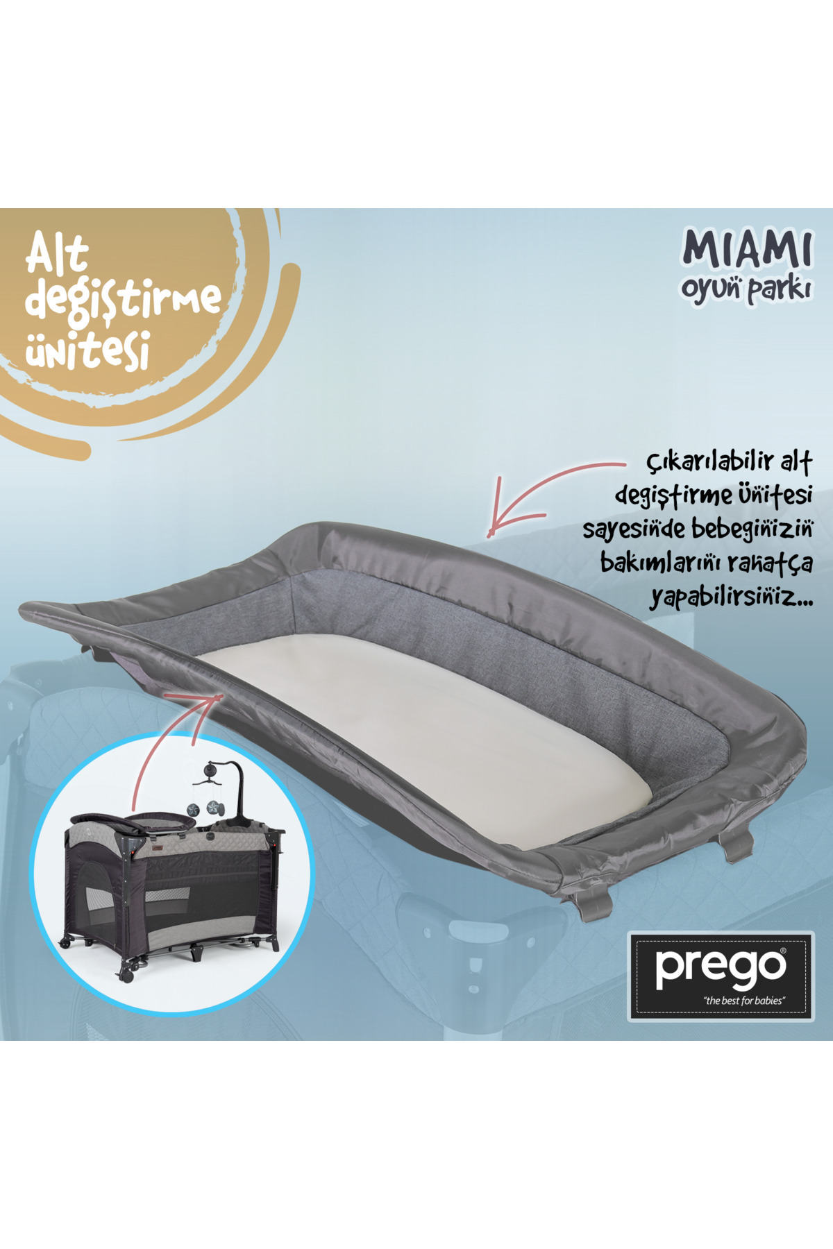 Prego Miami 70x110 Anne Yanı Beşik ve Oyun Parkı Yatak Gri - Sallanabilir ve Tekerlekli Park Yatak fotoğrafı 5 (önizleme)