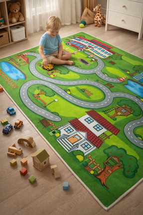 Dormot Modern Popüler Kaymaz Taban Çocuk Oyun Halısı – Yol Desenli 100x150 cm