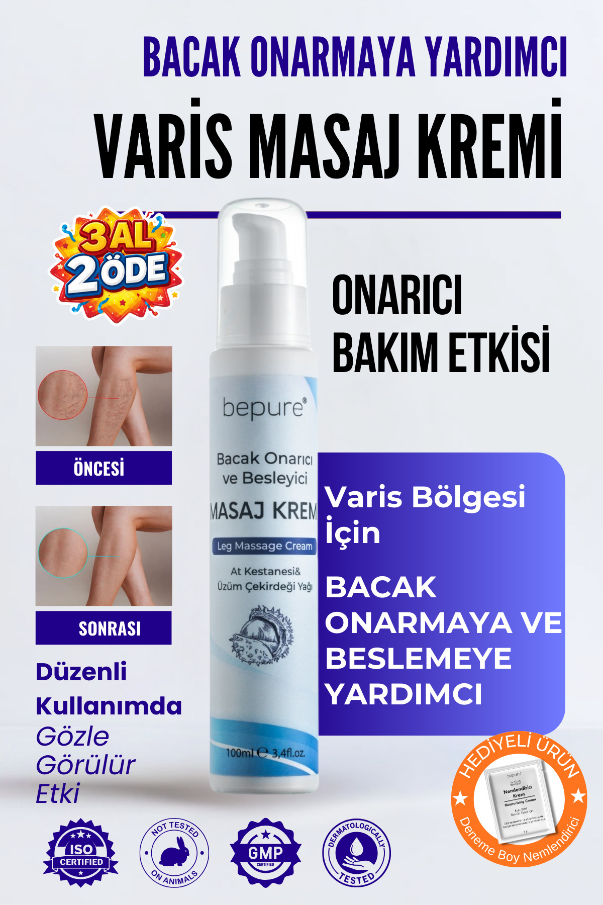 Bepure Varis Bölgesi Için Bacak Onarmaya Yardımcı Ve Besleyici Varis Masaj Kremi 100 ml