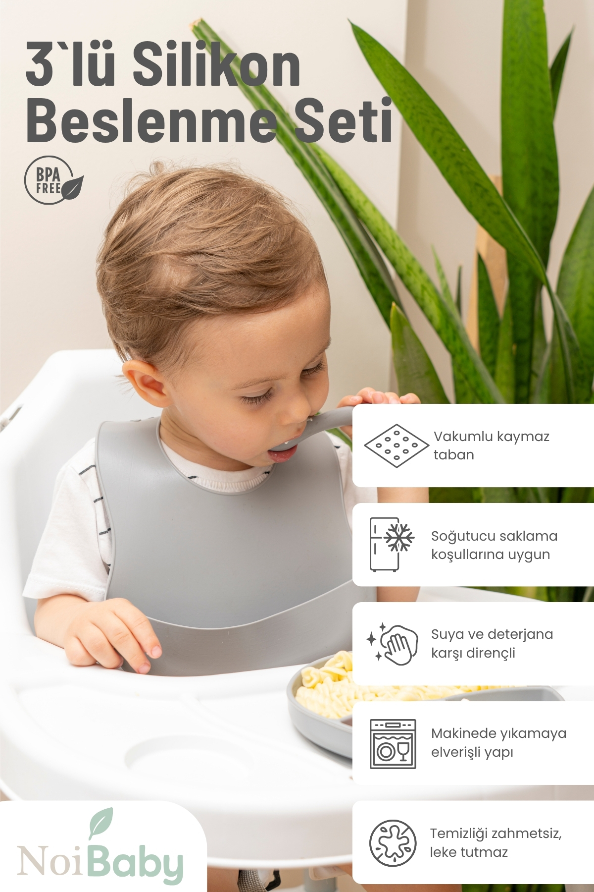 NoiBaby Gri 3’Lü Silikon Yemek Seti – Önlük + Diş Kaşıyıcılı Kaşık + Vakumlu Tabak fotoğrafı 2 (önizleme)