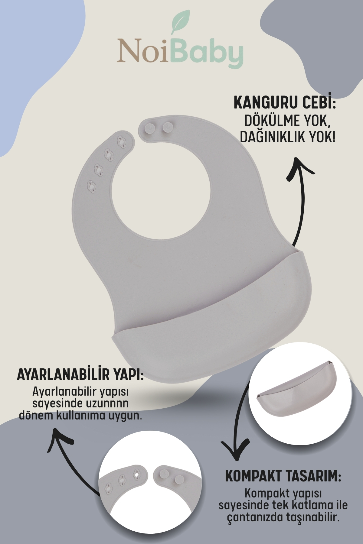 NoiBaby Gri 3’Lü Silikon Yemek Seti – Önlük + Diş Kaşıyıcılı Kaşık + Vakumlu Tabak fotoğrafı 3 (önizleme)