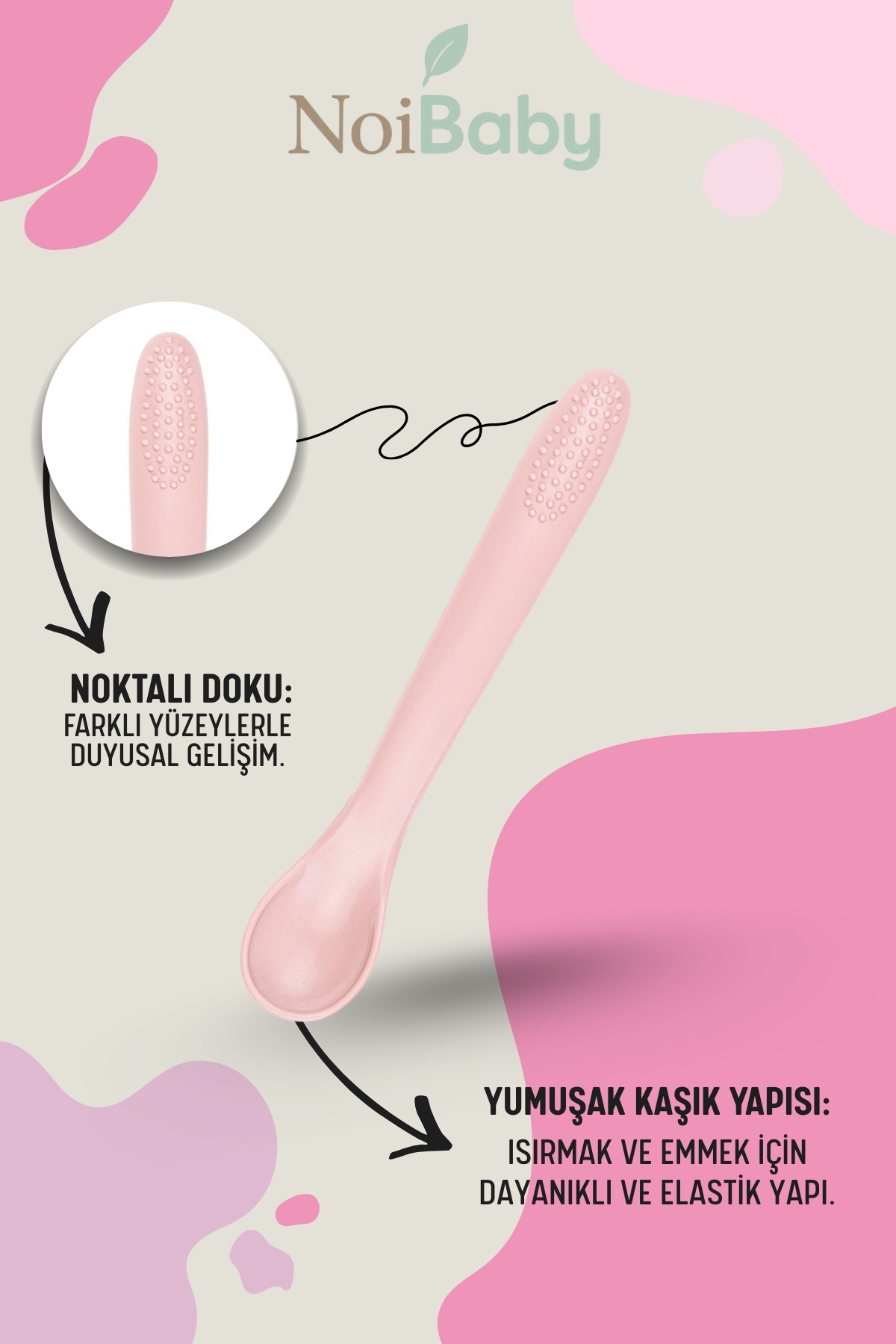 NoiBaby Vakum Tabanlı Silikon Tabak -Diş Kaşıyıcılı Kaşık-Silikon Önlük-Bebek Beslenme Seti 3'lü Set-(Pembe) fotoğrafı 4 (önizleme)