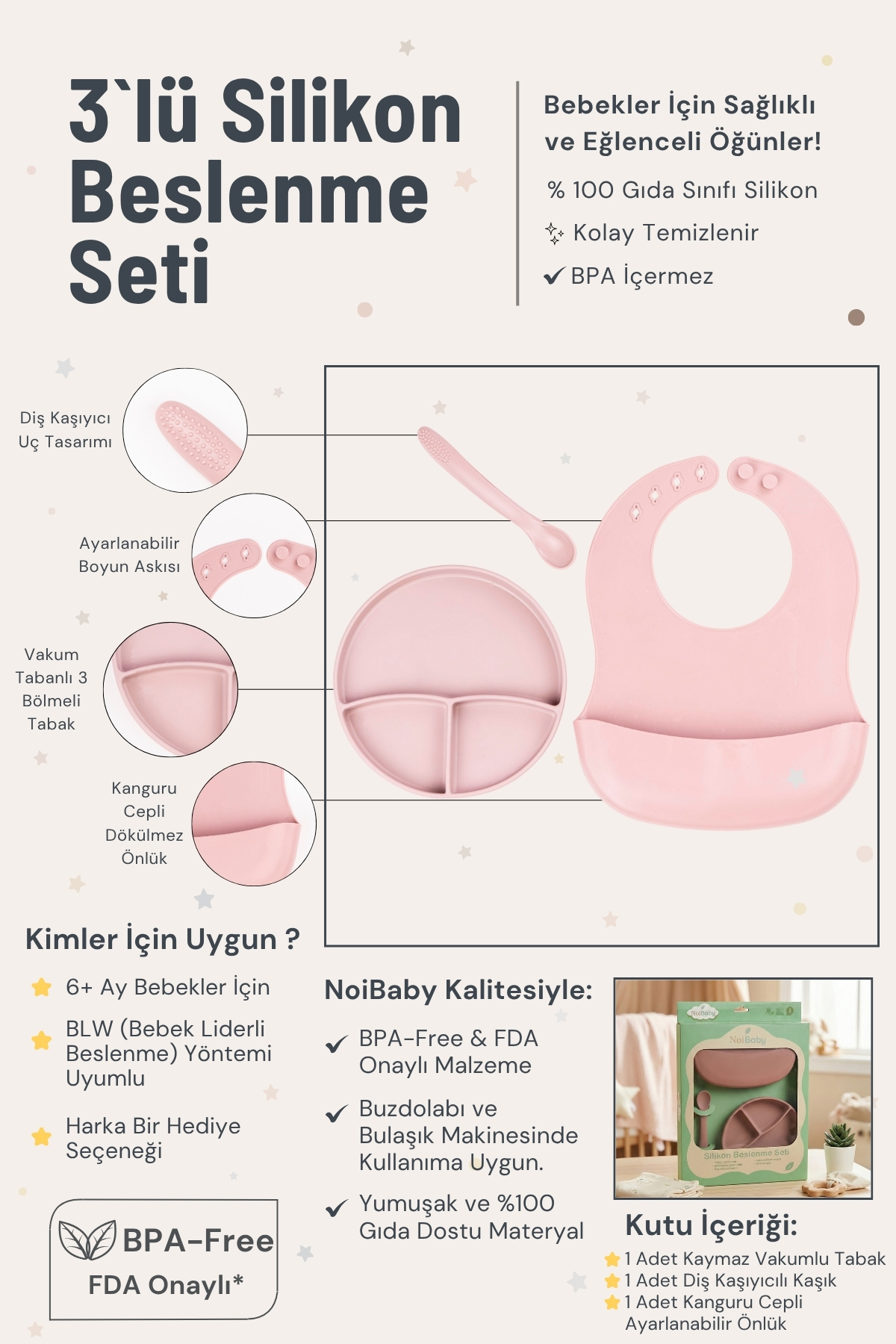 NoiBaby Vakum Tabanlı Silikon Tabak -Diş Kaşıyıcılı Kaşık-Silikon Önlük-Bebek Beslenme Seti 3'lü Set-(Pembe) fotoğrafı 6 (önizleme)