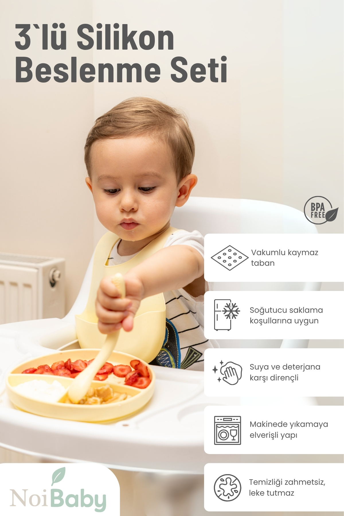 NoiBaby Sarı 3’Lü Silikon Yemek Seti – Önlük + Diş Kaşıyıcılı Kaşık + Vakumlu Tabak fotoğrafı 2 (önizleme)