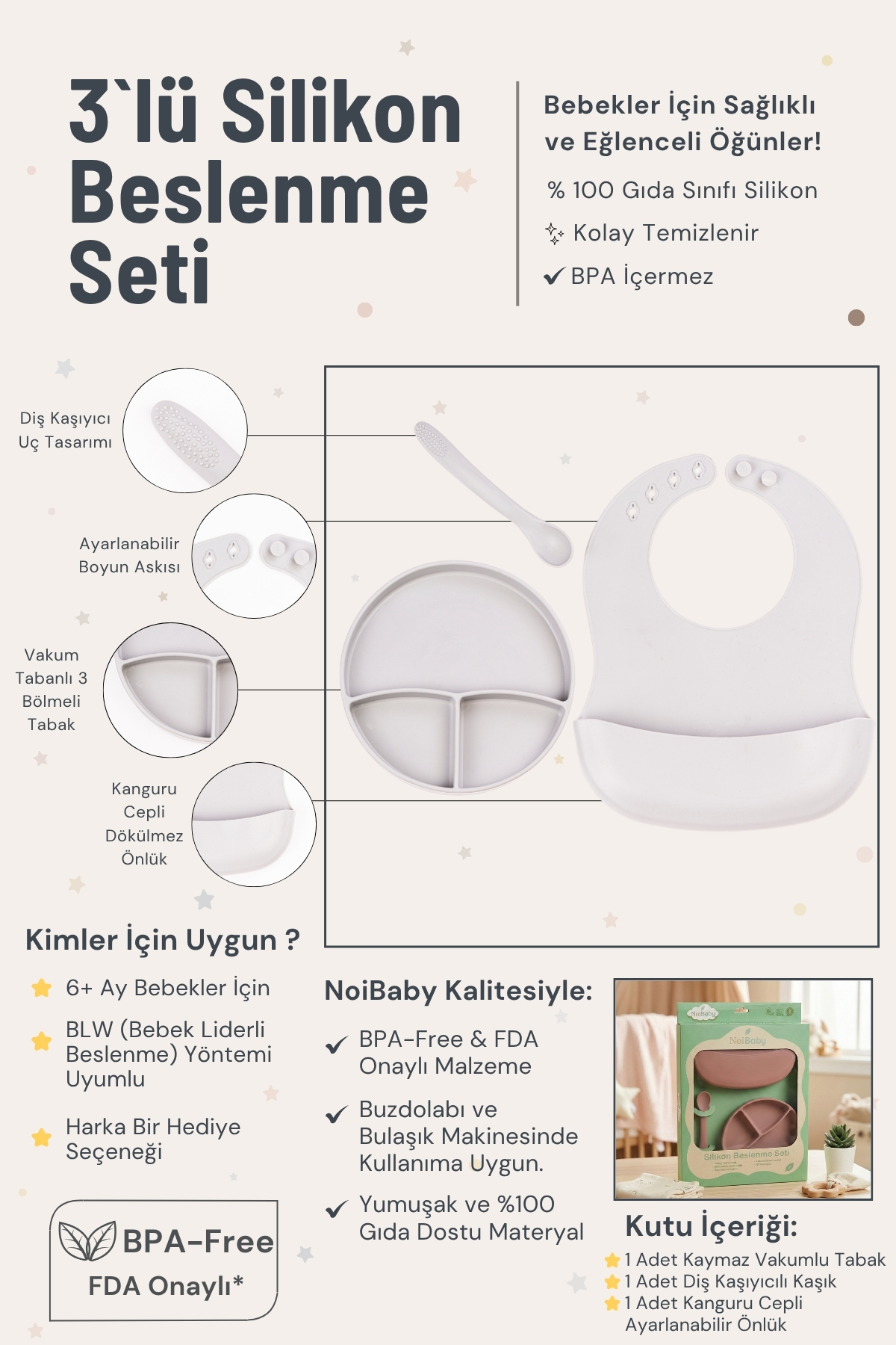 NoiBaby Gri 3’Lü Silikon Yemek Seti – Önlük + Diş Kaşıyıcılı Kaşık + Vakumlu Tabak fotoğrafı 4 (önizleme)