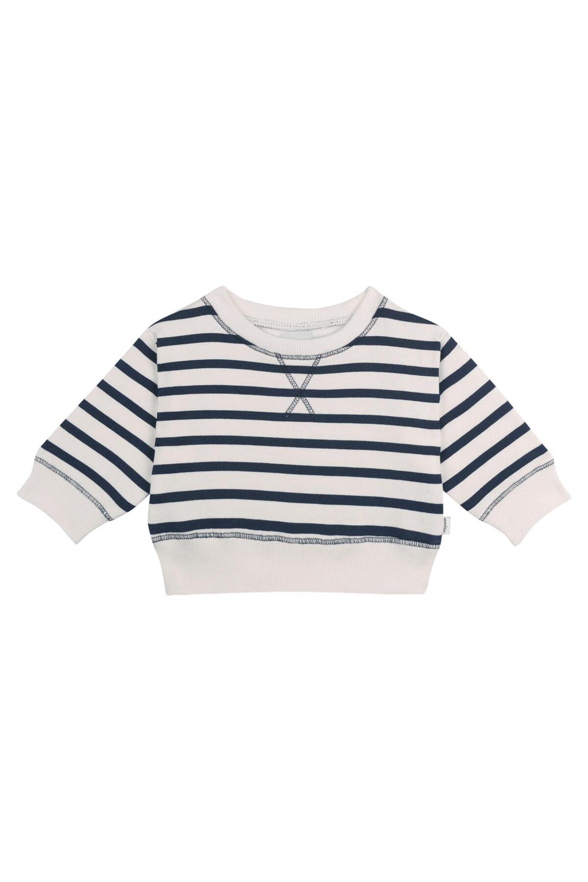 Antebies Organik Lacivert Beyaz Çizgili Polarlı Manşetli Kız Erkek Bebek Sweatshirt fotoğrafı 2 (önizleme)