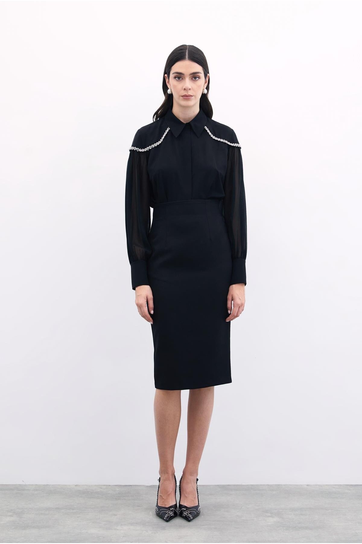 Sateen  Balon Kollu Aksesuarlı Gömlek - Siyah - Görsel 3