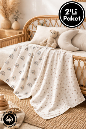 Miniel Unisex Bebek %100 Organik Pamuklu Sky Baskılı Çok Amaçlı Müslin Örtü &...