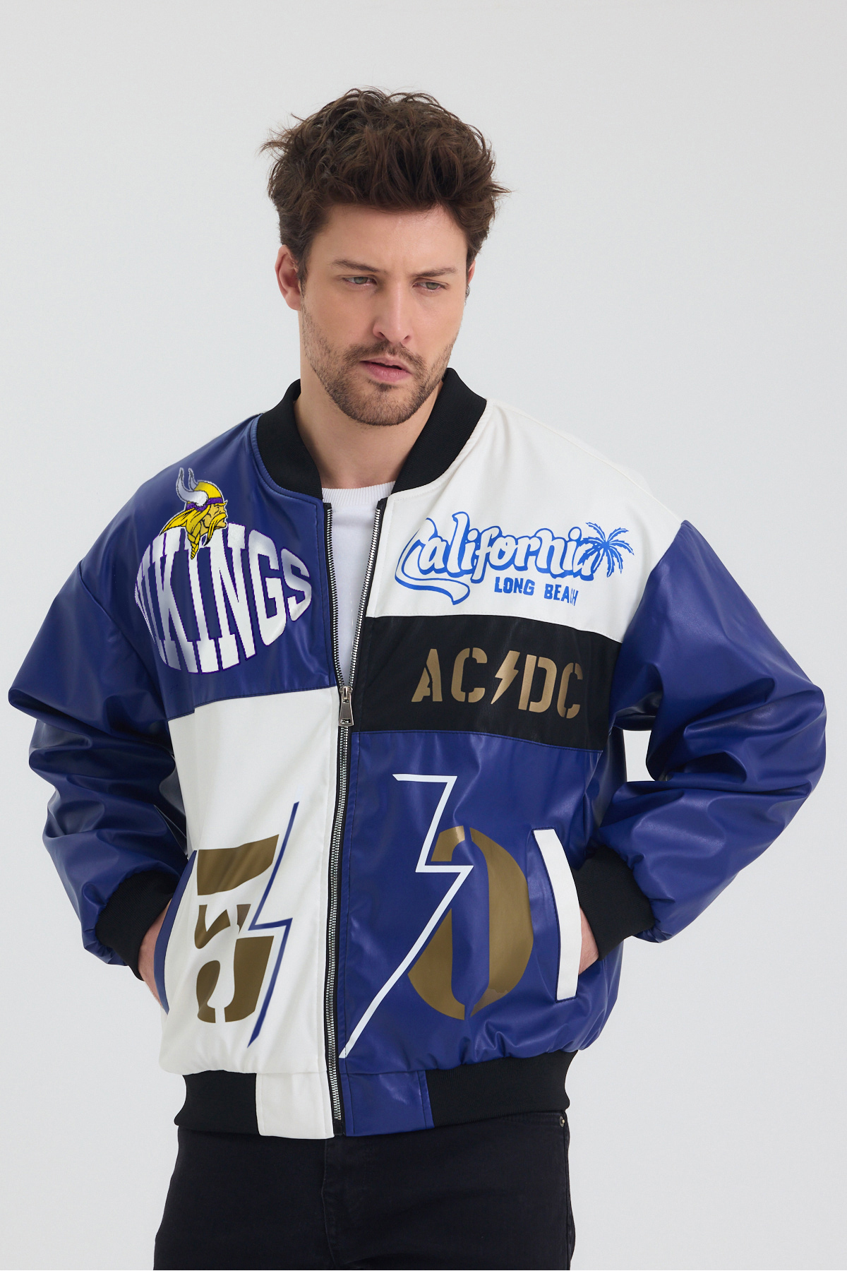 Black Level  Erkek Oversize Deri Garnili Baskılı Motorcu Montu Kolej Ceketi Bomber Günlük Mont - Görsel 2