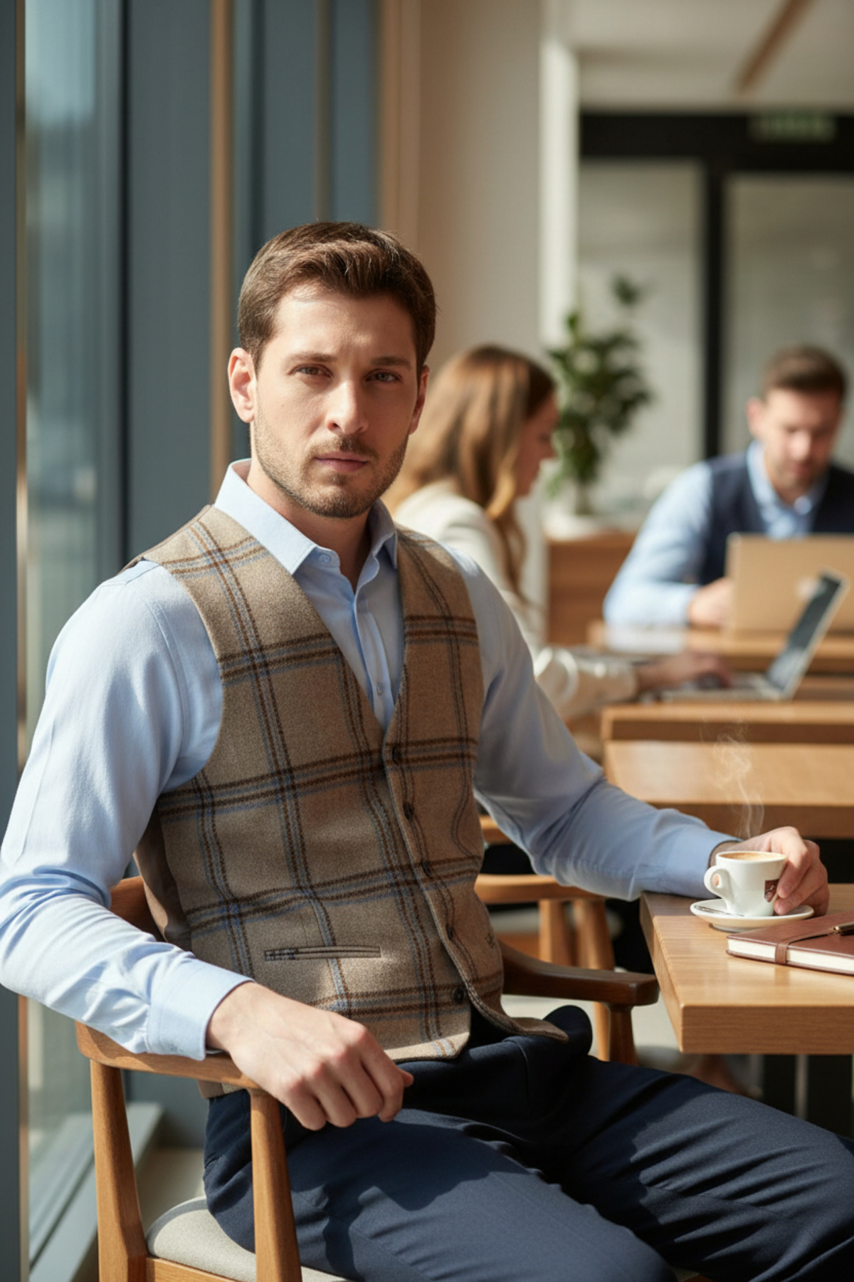 Frappoli Ekose Desenli V Yaka Yelek Slim Fit