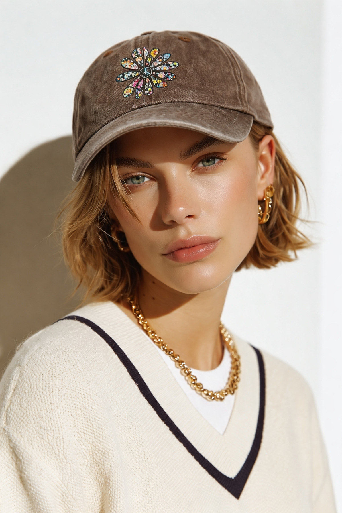 DesDesign  Boho Çiçek Peace Baskılı Şapka – Kahverengi Yıkamalı Unisex Cap - Görsel 7