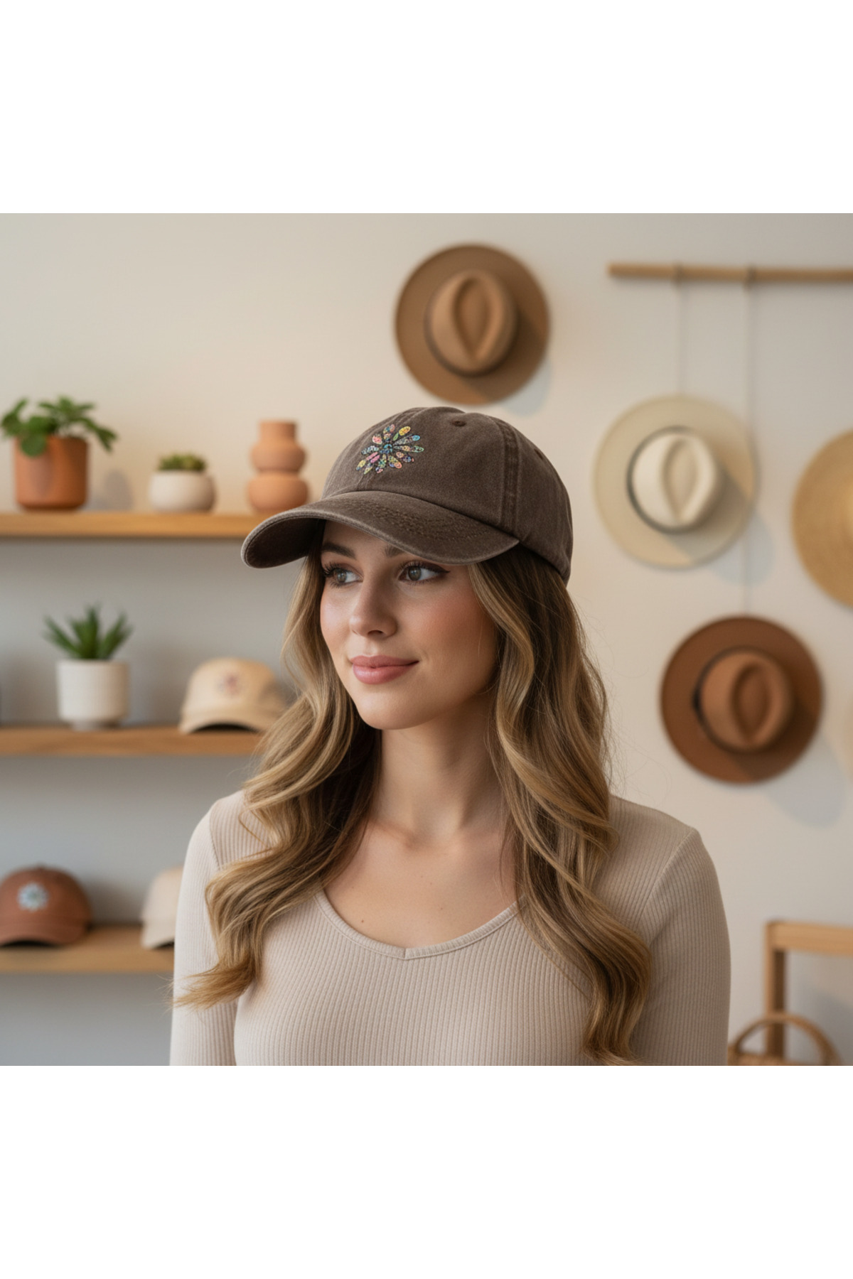 DesDesign  Boho Çiçek Peace Baskılı Şapka – Kahverengi Yıkamalı Unisex Cap - Görsel 3