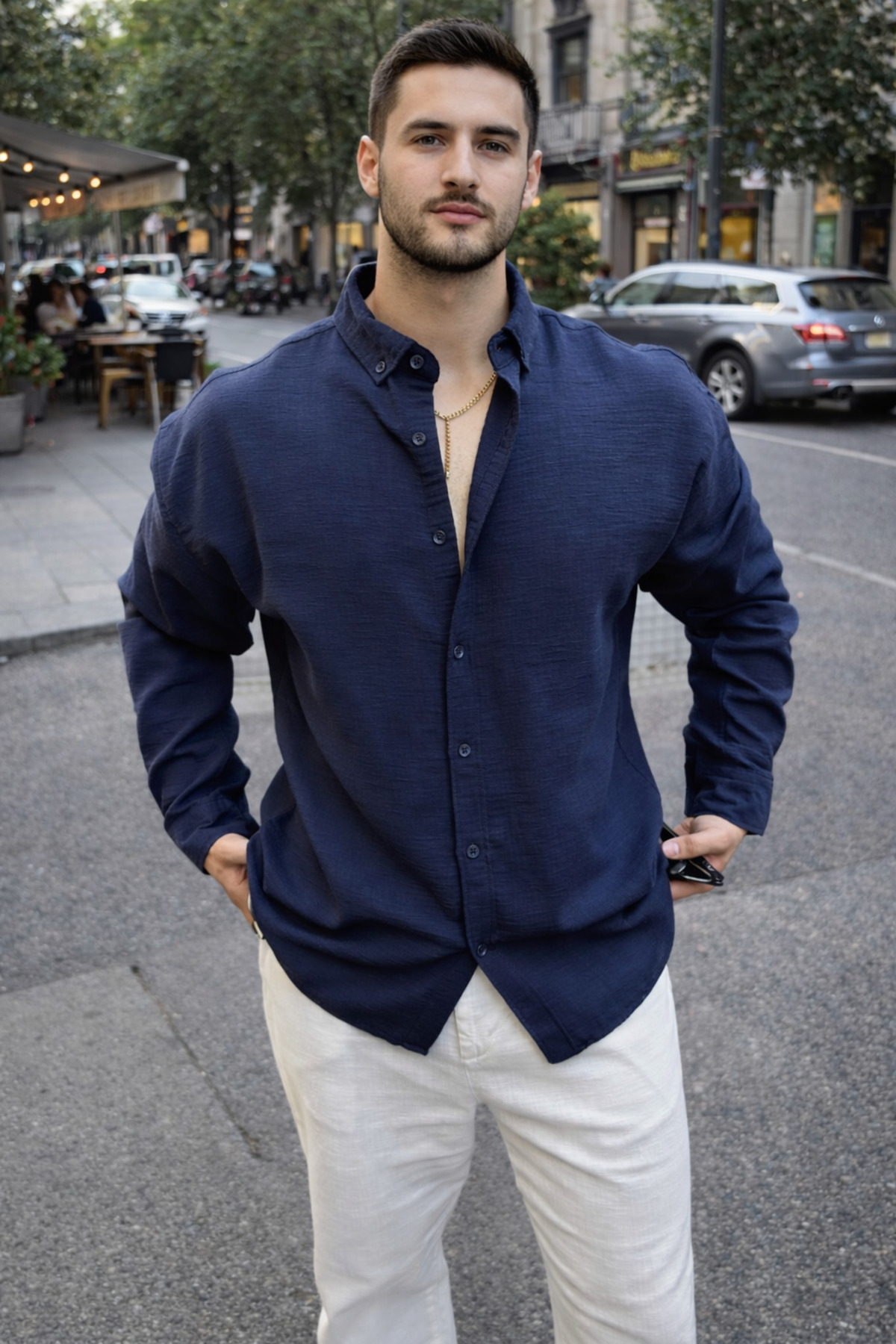 Quafash  Erkek Oversize Keten Görünümlü Gömlek