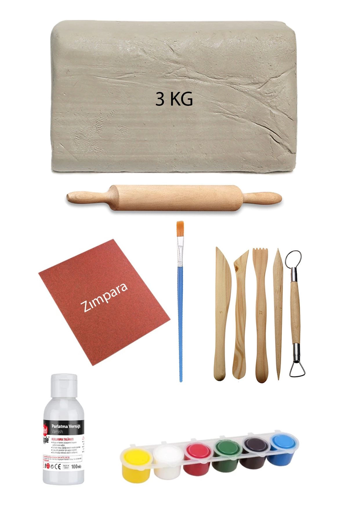 ACUTO Beyaz Seramik Hamuru 3 Kg Kil Ebeşuar Seti 6x15 ml Akrilik Set 100 ml Vernik Ahşap Merdane Zımpara