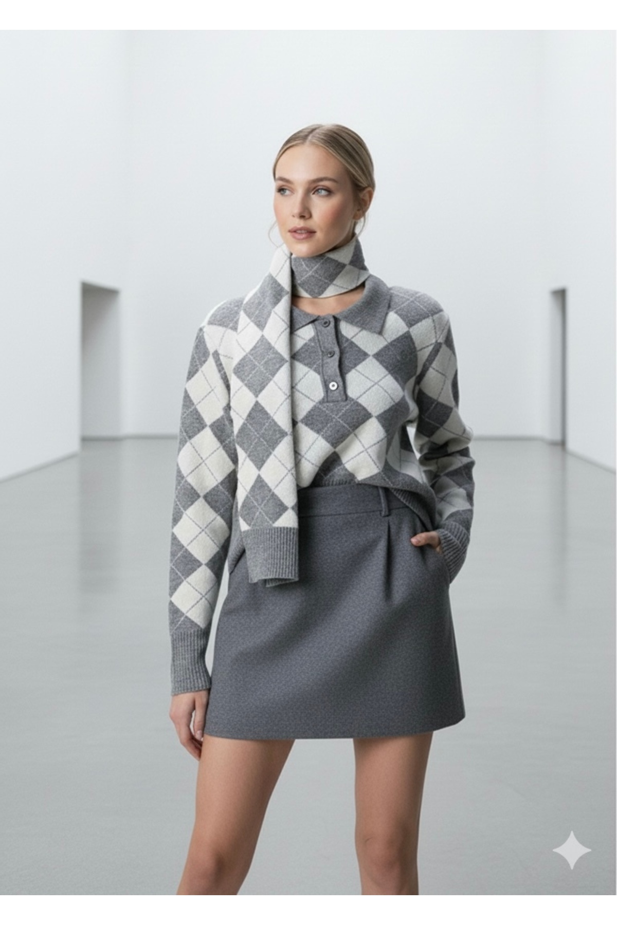 NEW SEASON Women's Diamond Patterned Alya Knitwear Sweater & Scarf Set 0063