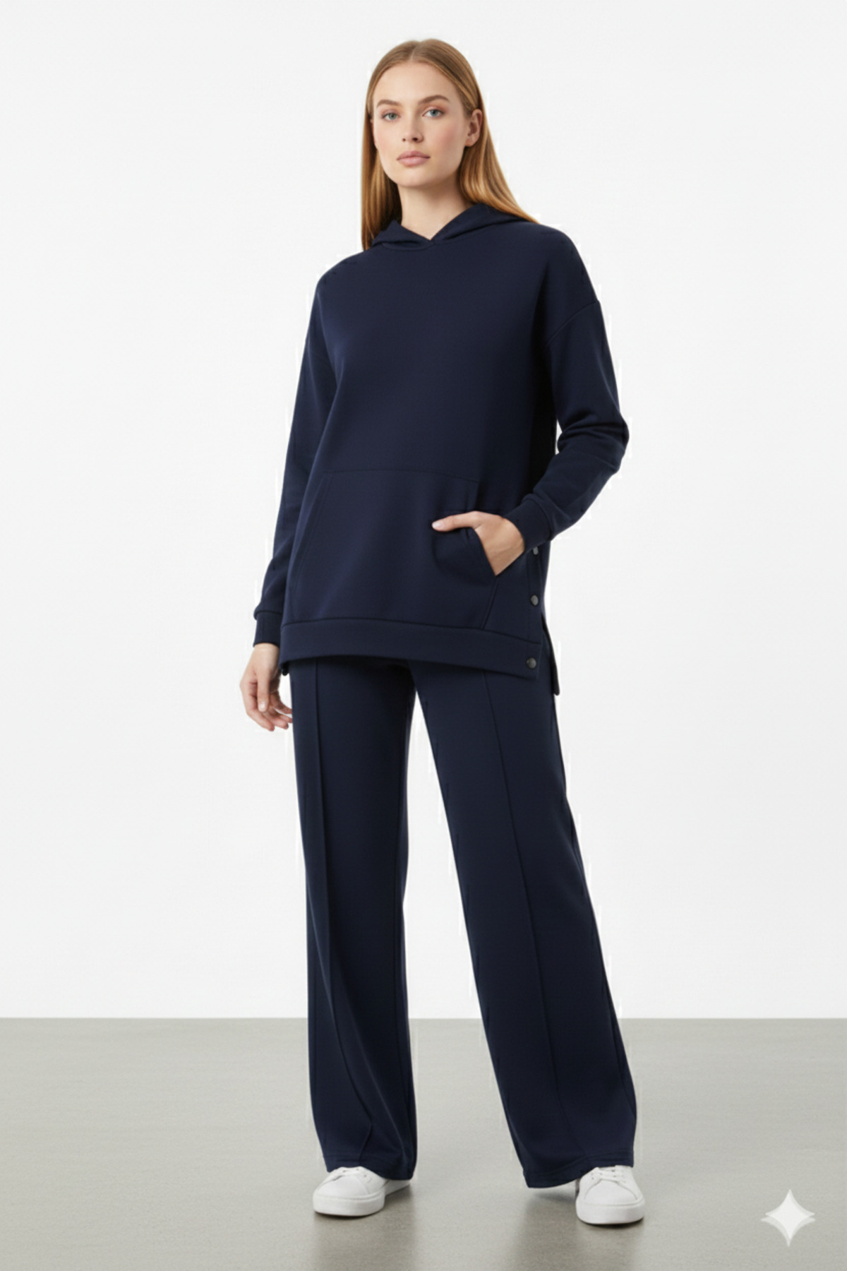 Women's Hooded Sides Snap Detailed Sweatshirt and Ribbed Pants Navy Blue Bottom Top Set