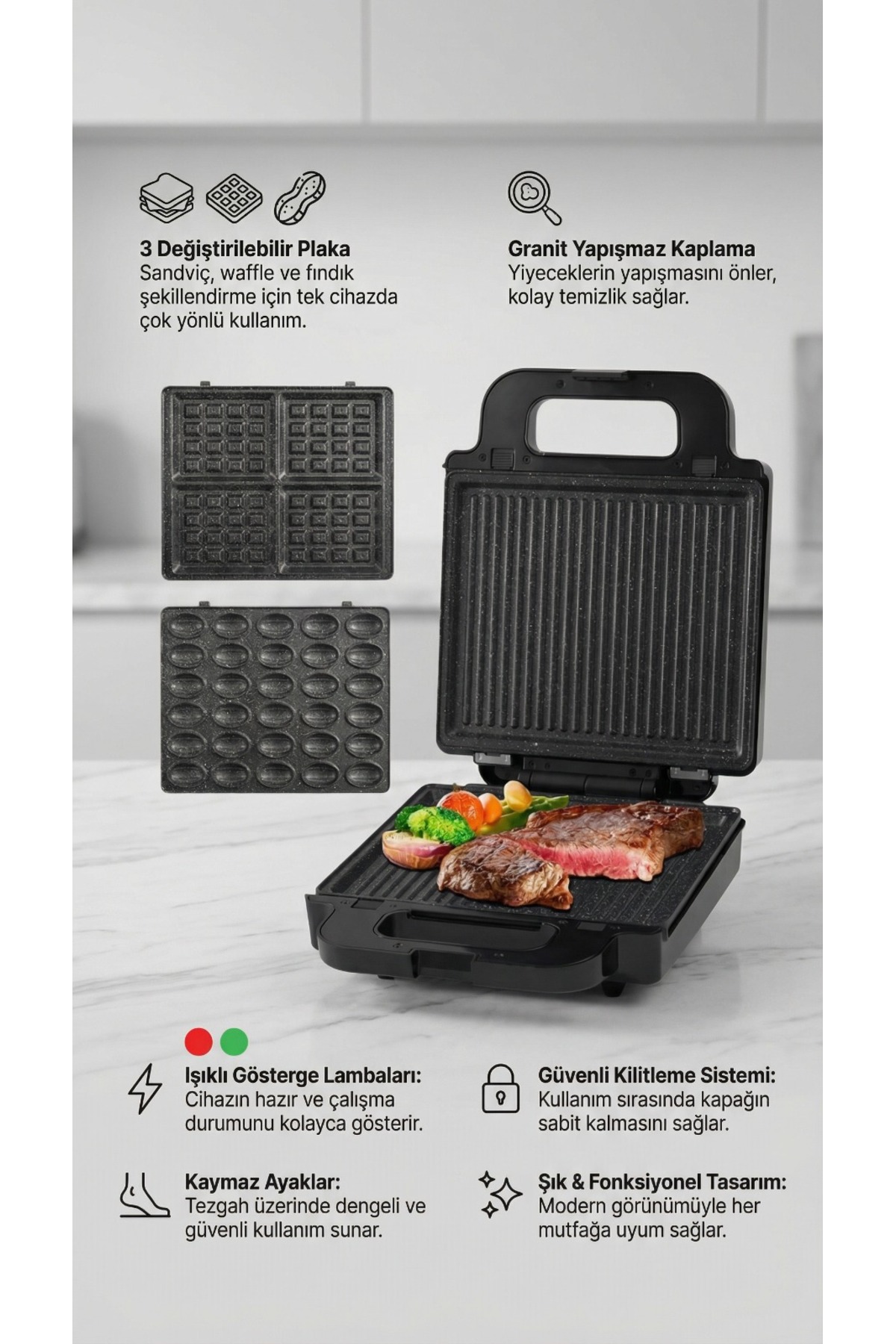 Lexical LSM-2534 3'Ü 1 Arada IZGARA, TOST, WAFFLE ve KURABİYE MAKİNESİ Yapışmaz Plakalı 1400 W