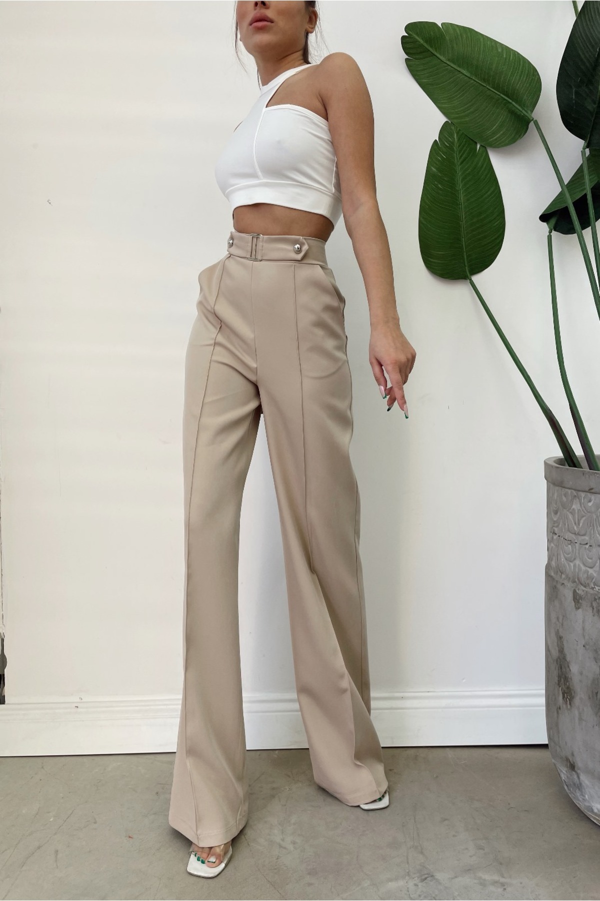 H&A İSTANBUL  Kadın Yüksek Bel Palazzo cepli bol paça Düğmeli Detay Slim Fit Kalip Pantolon - Görsel 5