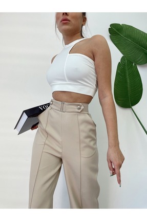 H&A İSTANBUL Kadın Yüksek Bel Palazzo cepli bol paça Düğmeli Detay Slim Fit K...