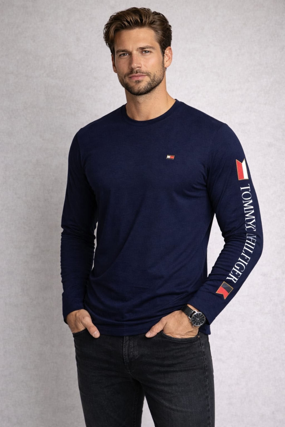 تامی هیلفیگر تی‌شرت آستین بلند طرح پرچم‌های آینه‌ای سایز معمولی