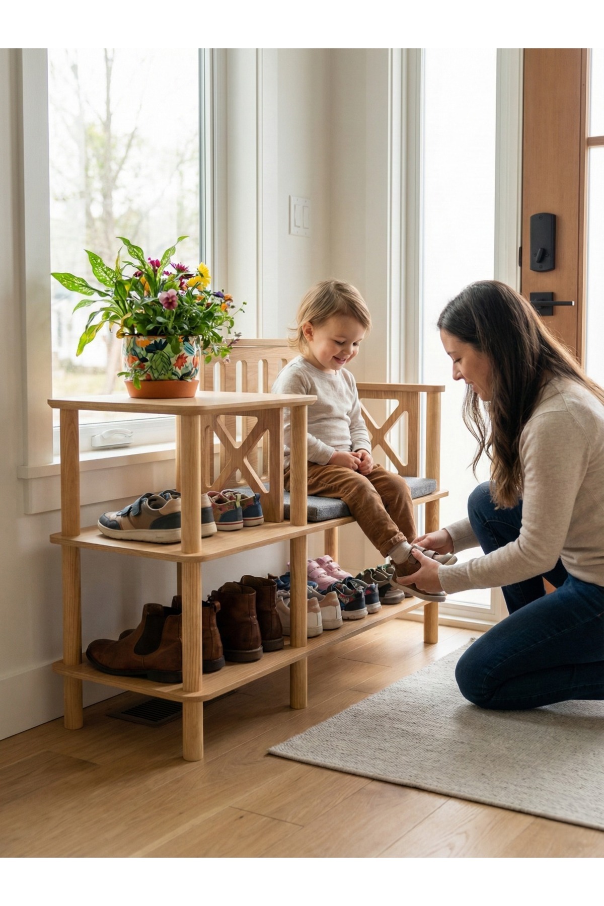 Sento Bench: Seated Shoe Holder with Flat Front Cushion Mdf 'lam and Wooden Feet Design