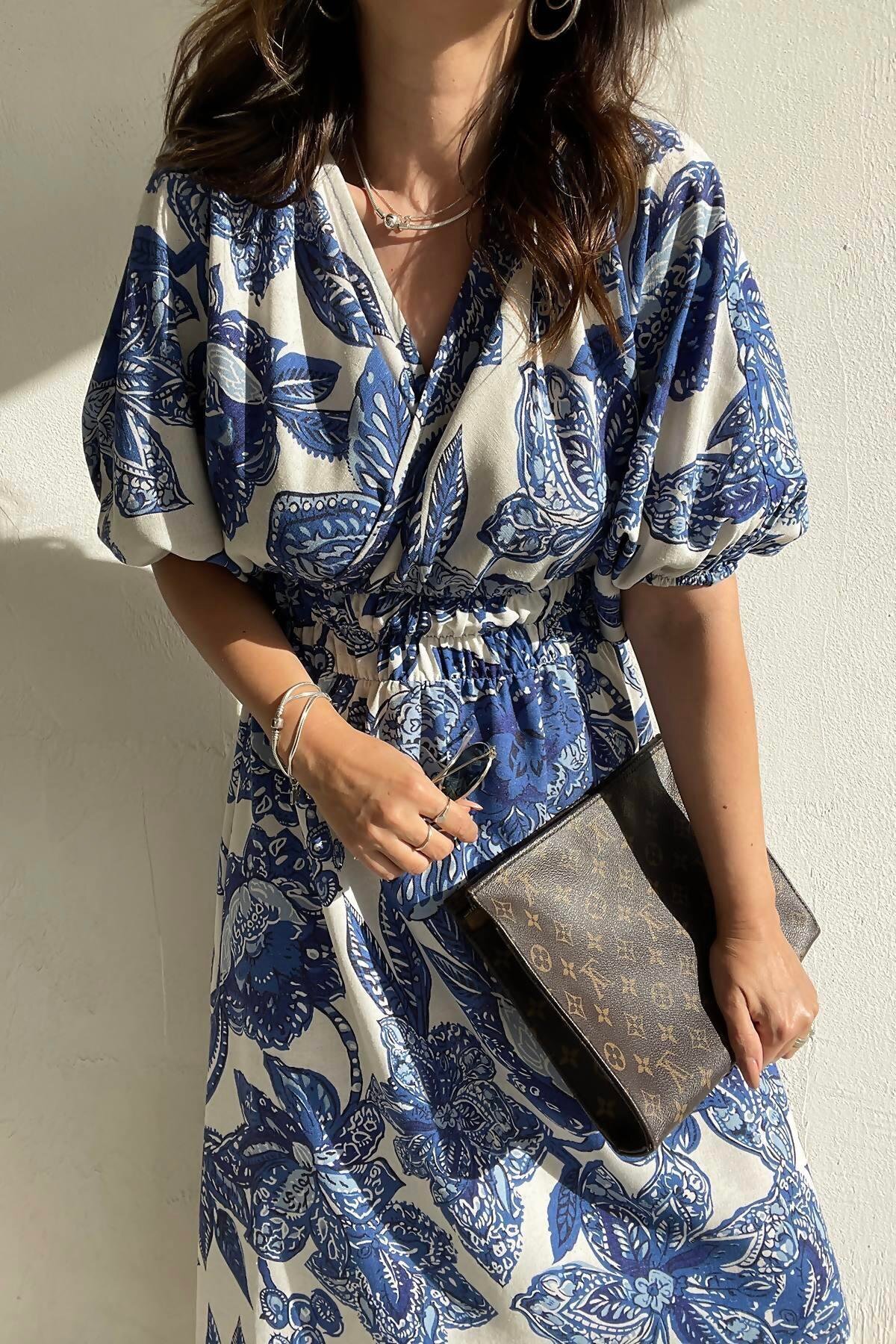 HAKKE  Bel Lastikli Yarasa Kol Keten Elbise